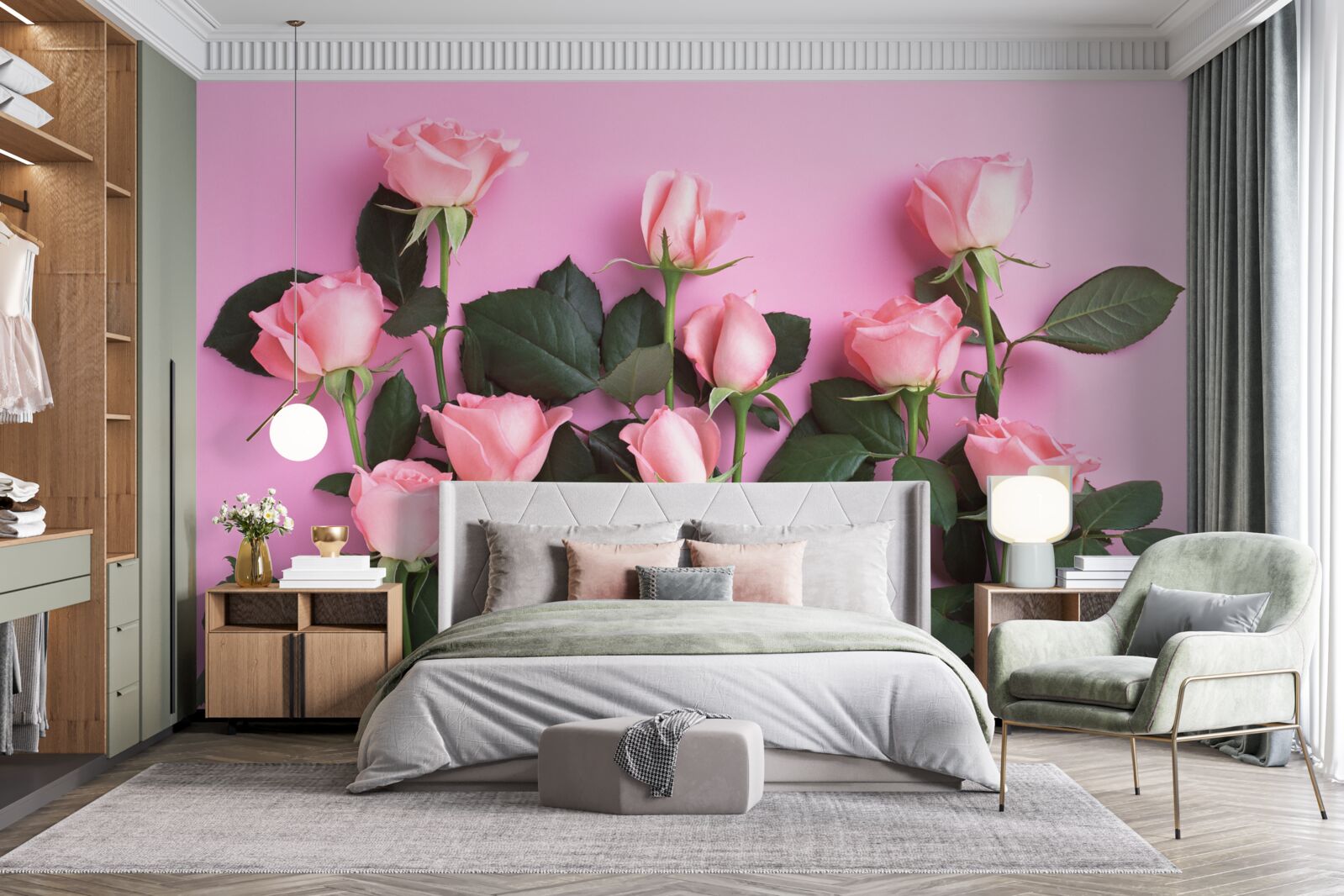 Фотошпалери ніжні рожеві троянди на суцільному рожевому тлі