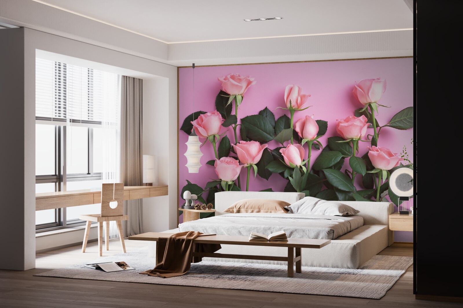 Фотошпалери ніжні рожеві троянди на суцільному рожевому тлі