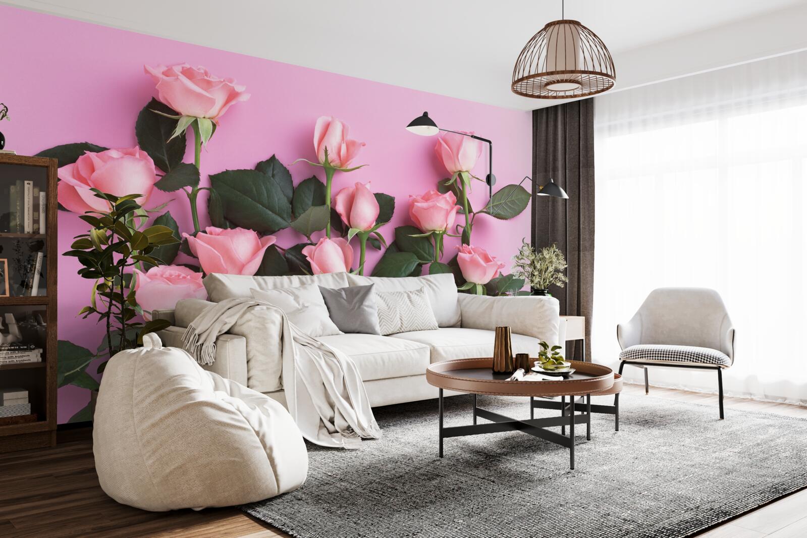 Фотошпалери ніжні рожеві троянди на суцільному рожевому тлі