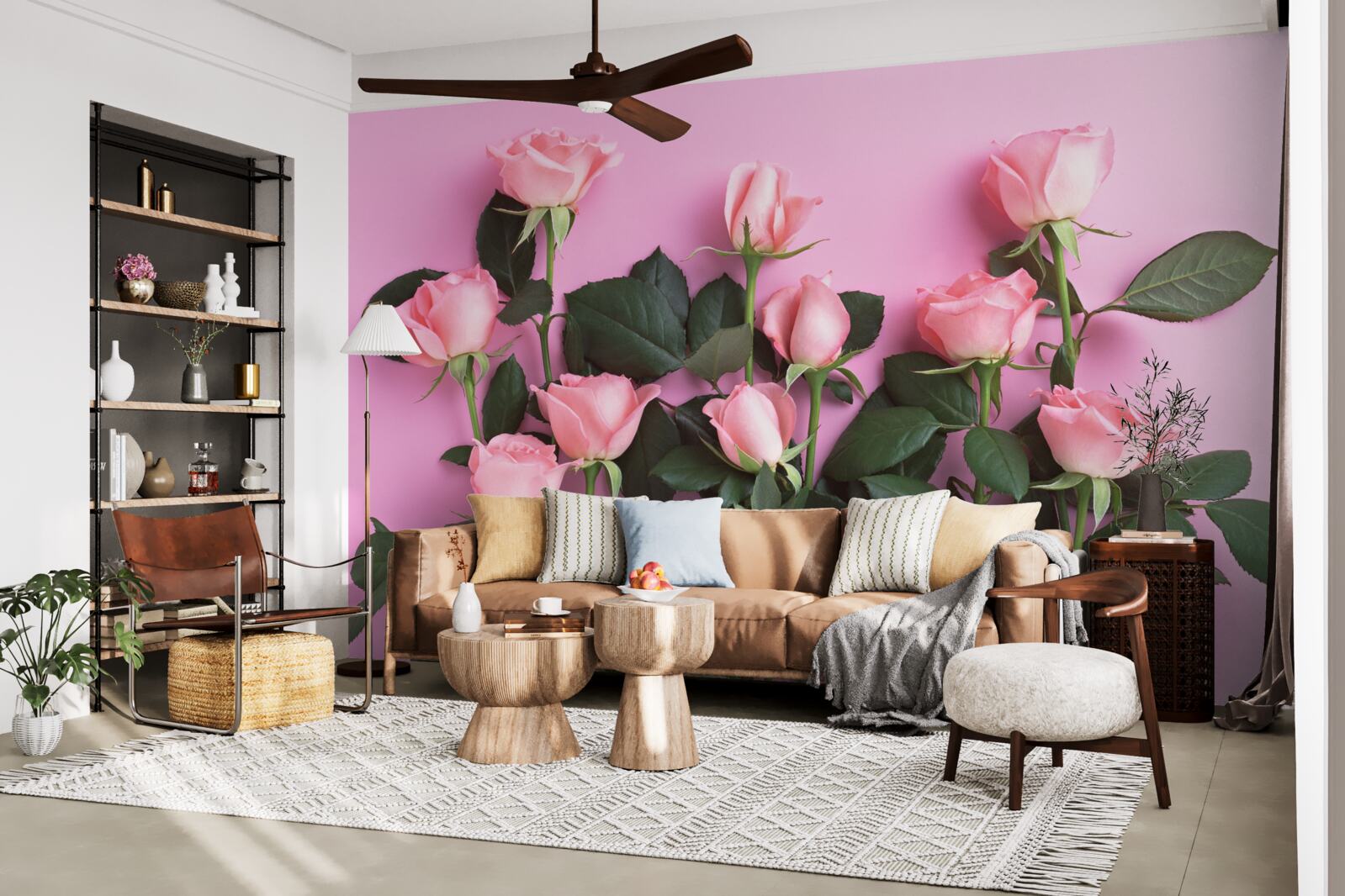 Фотошпалери ніжні рожеві троянди на суцільному рожевому тлі