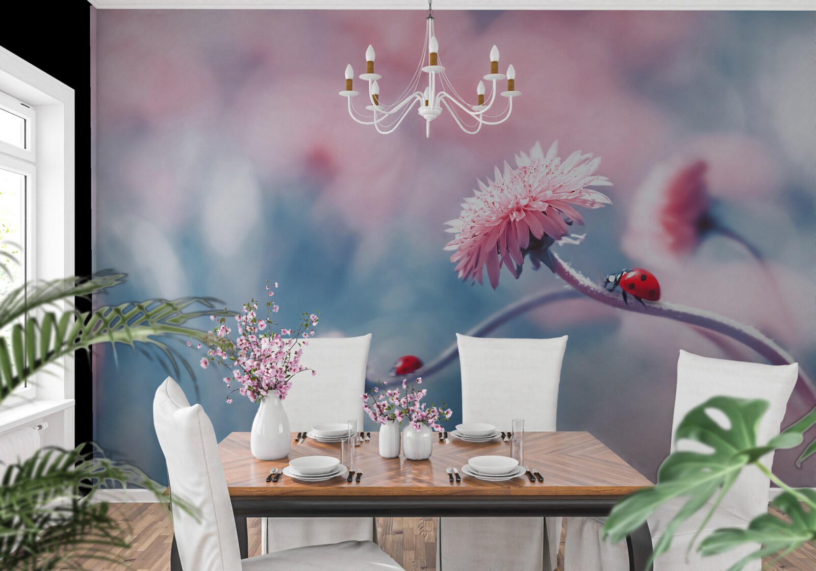 Фотошпалери корови, що належать богу, на рожевих квітах