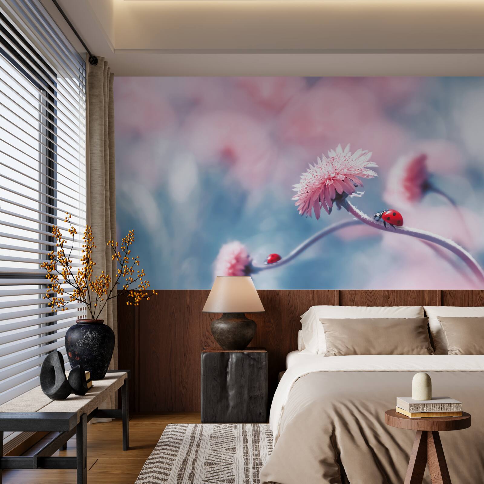 Фотошпалери корови, що належать богу, на рожевих квітах