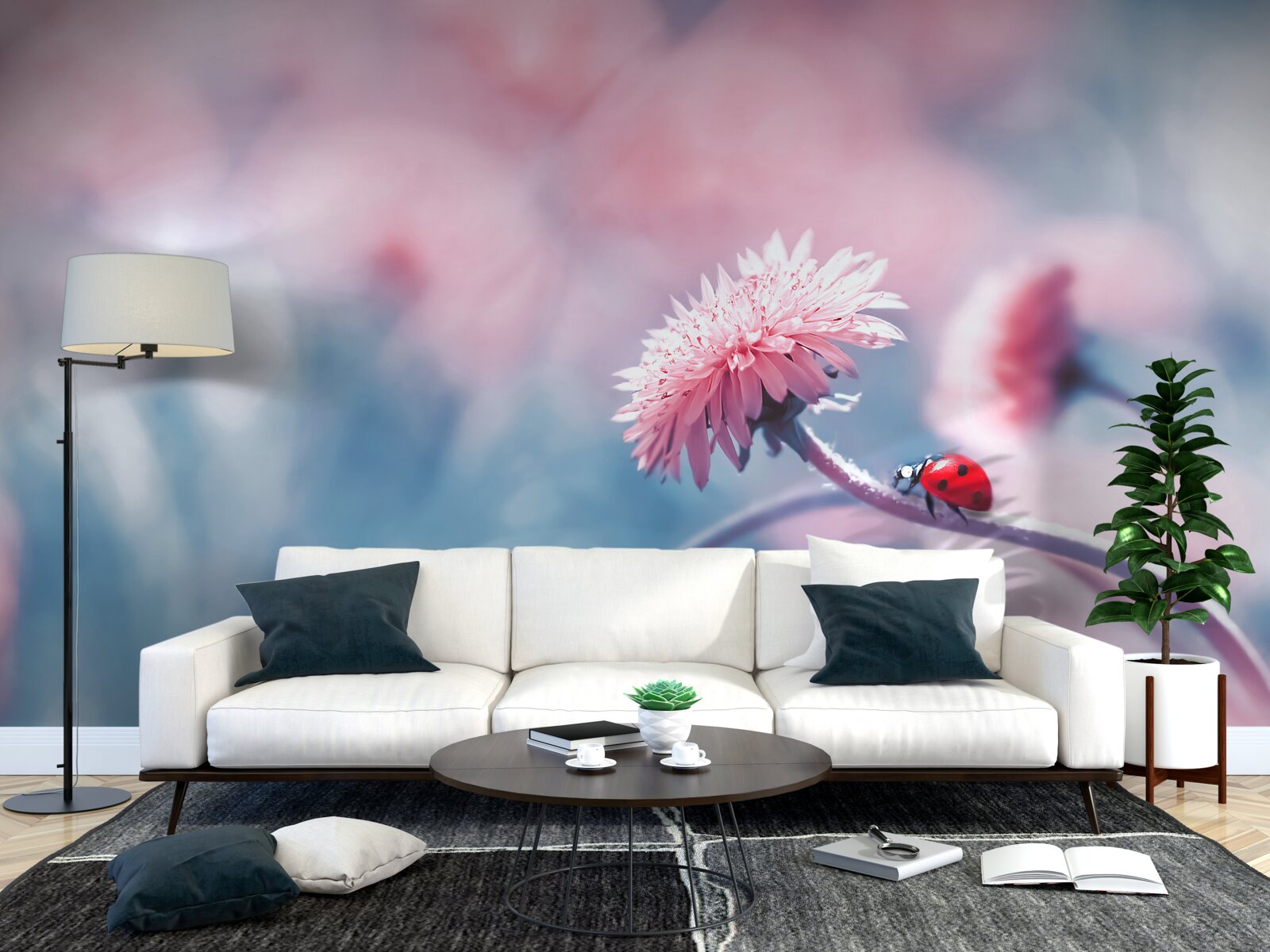 Фотошпалери корови, що належать богу, на рожевих квітах