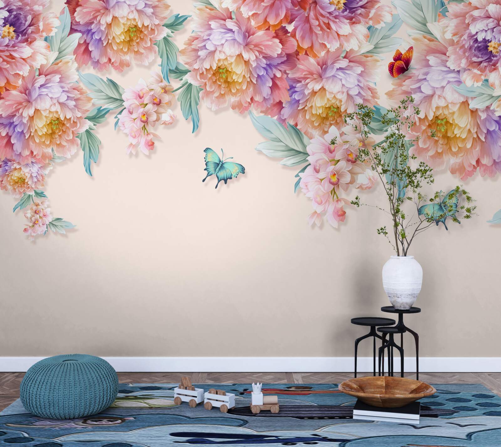 Фотошпалери весняні квіти всіяні метеликами