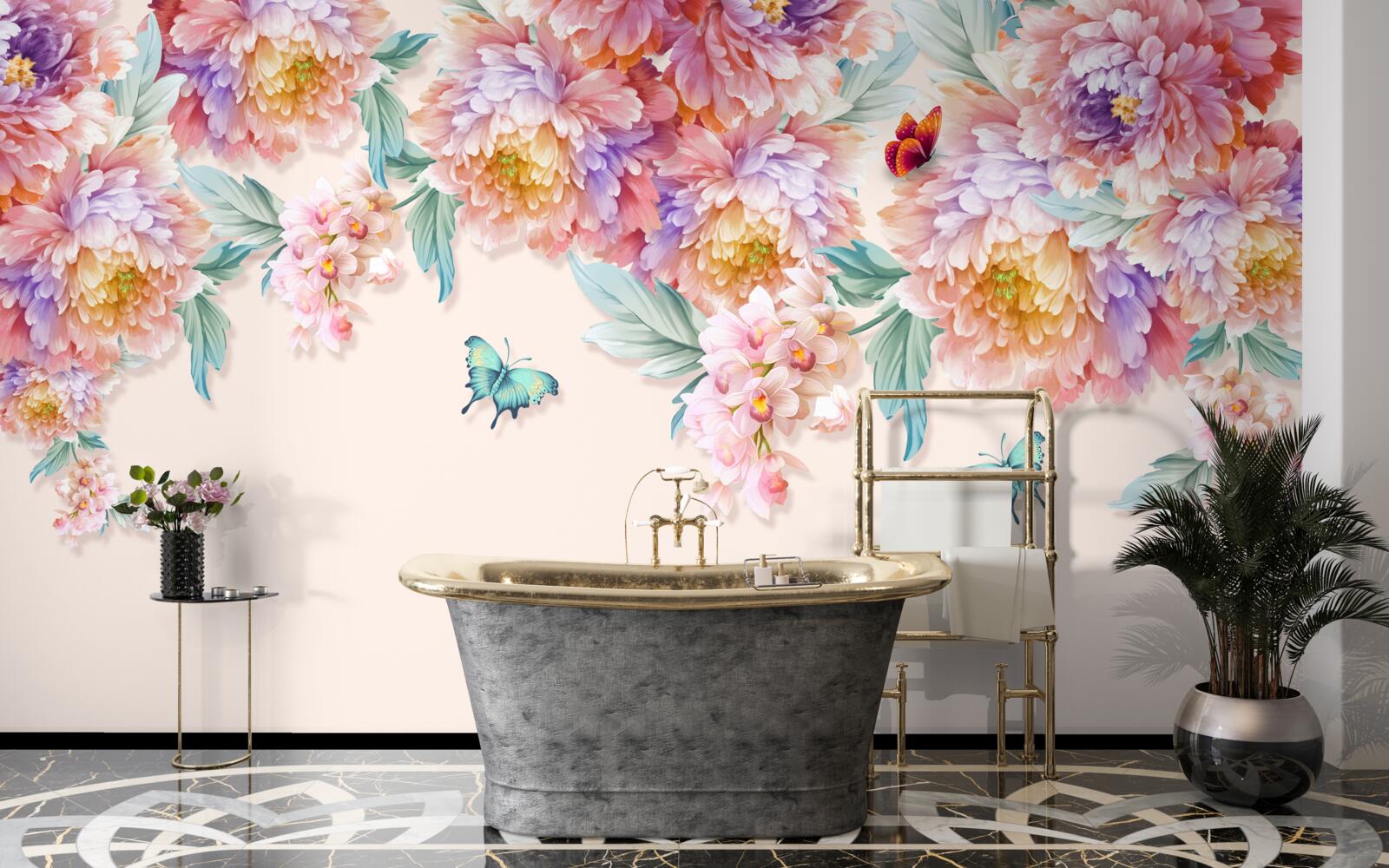 Фотошпалери весняні квіти всіяні метеликами