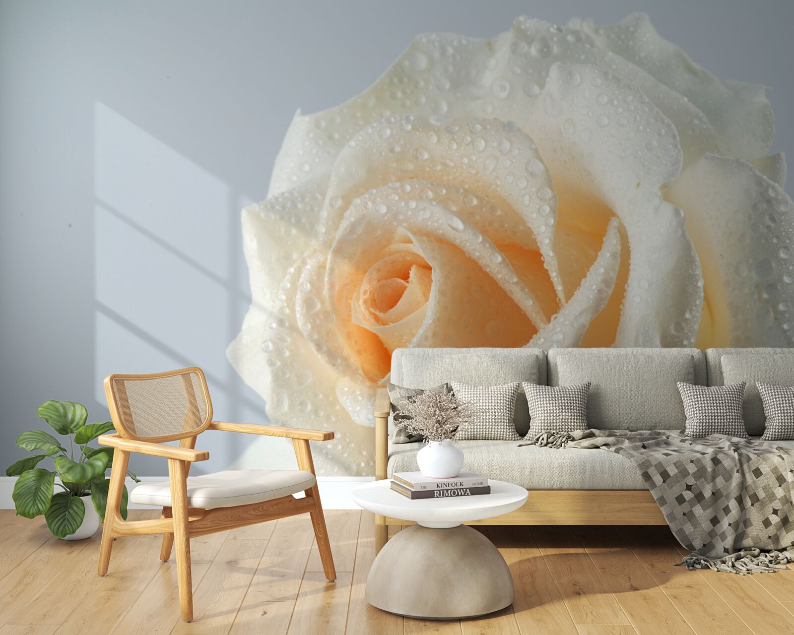 Фотошпалери краплі води на кремовій квітці троянди