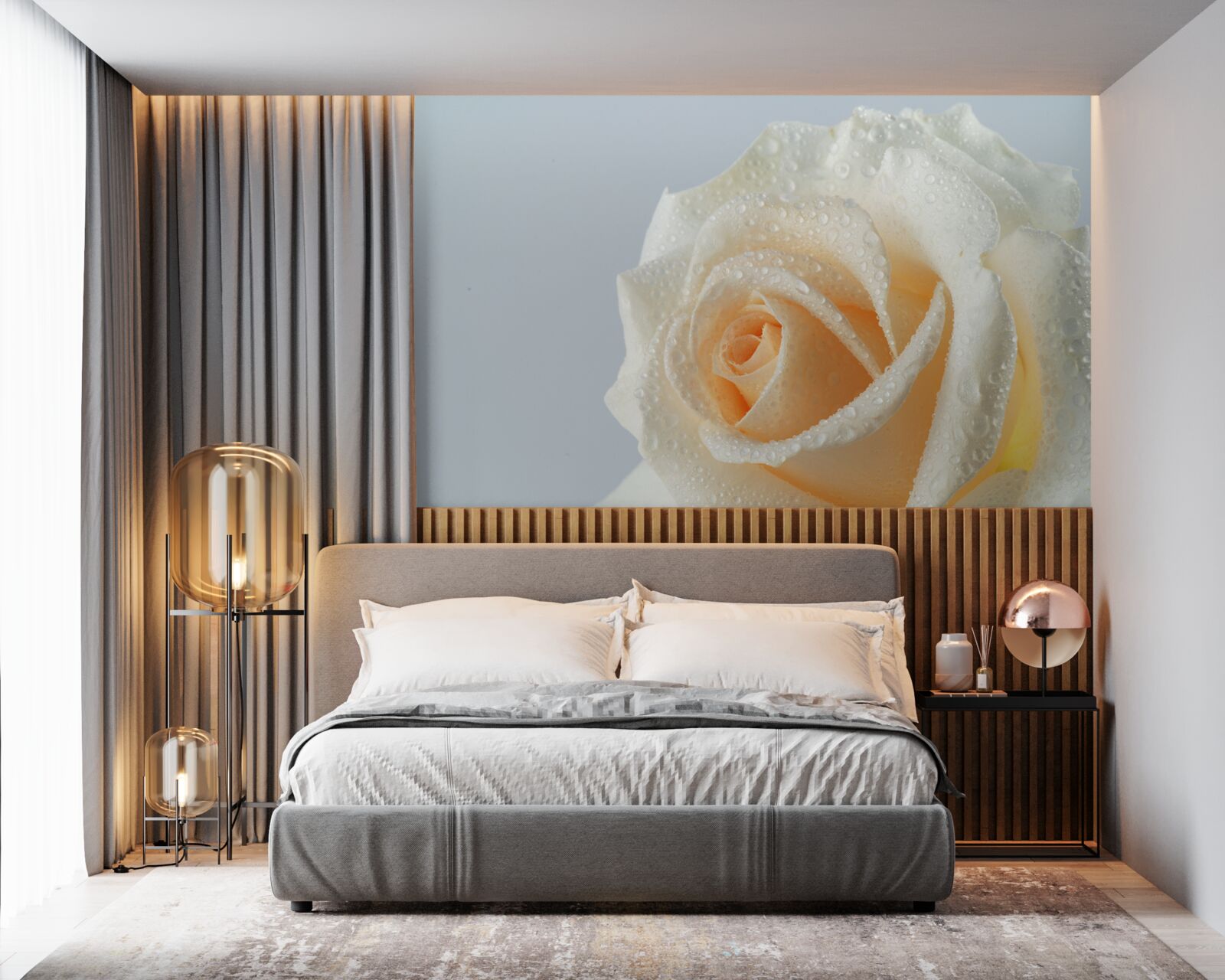 Фотошпалери краплі води на кремовій квітці троянди