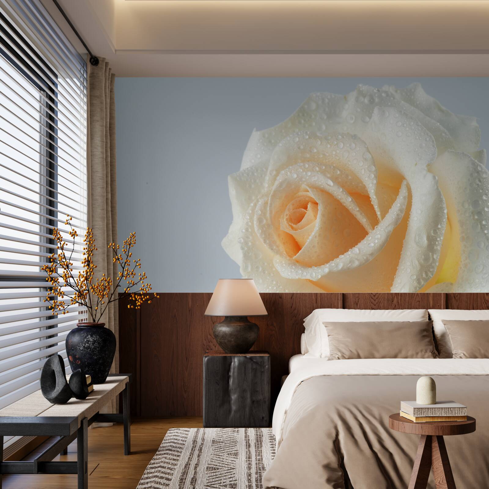 Фотошпалери краплі води на кремовій квітці троянди