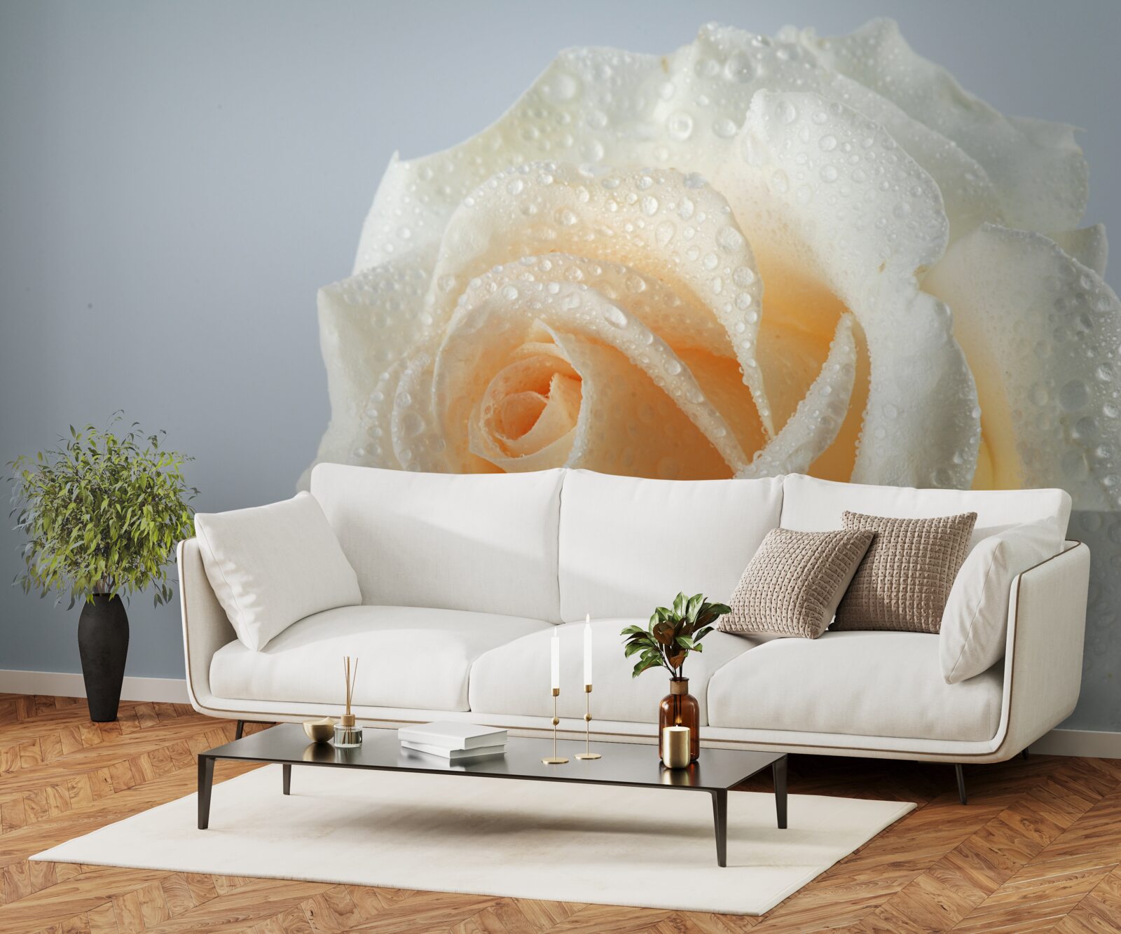 Фотошпалери краплі води на кремовій квітці троянди