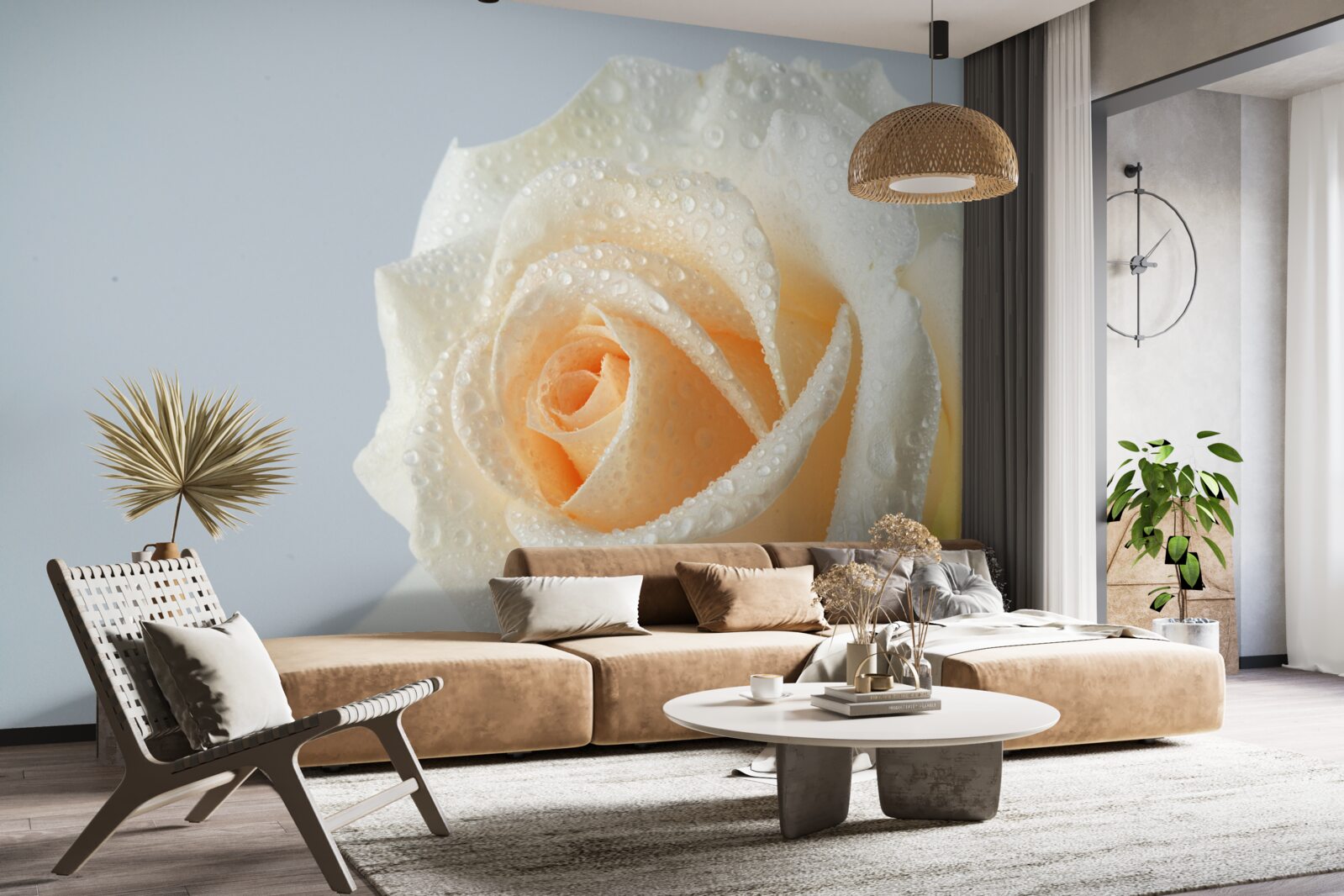 Фотошпалери краплі води на кремовій квітці троянди