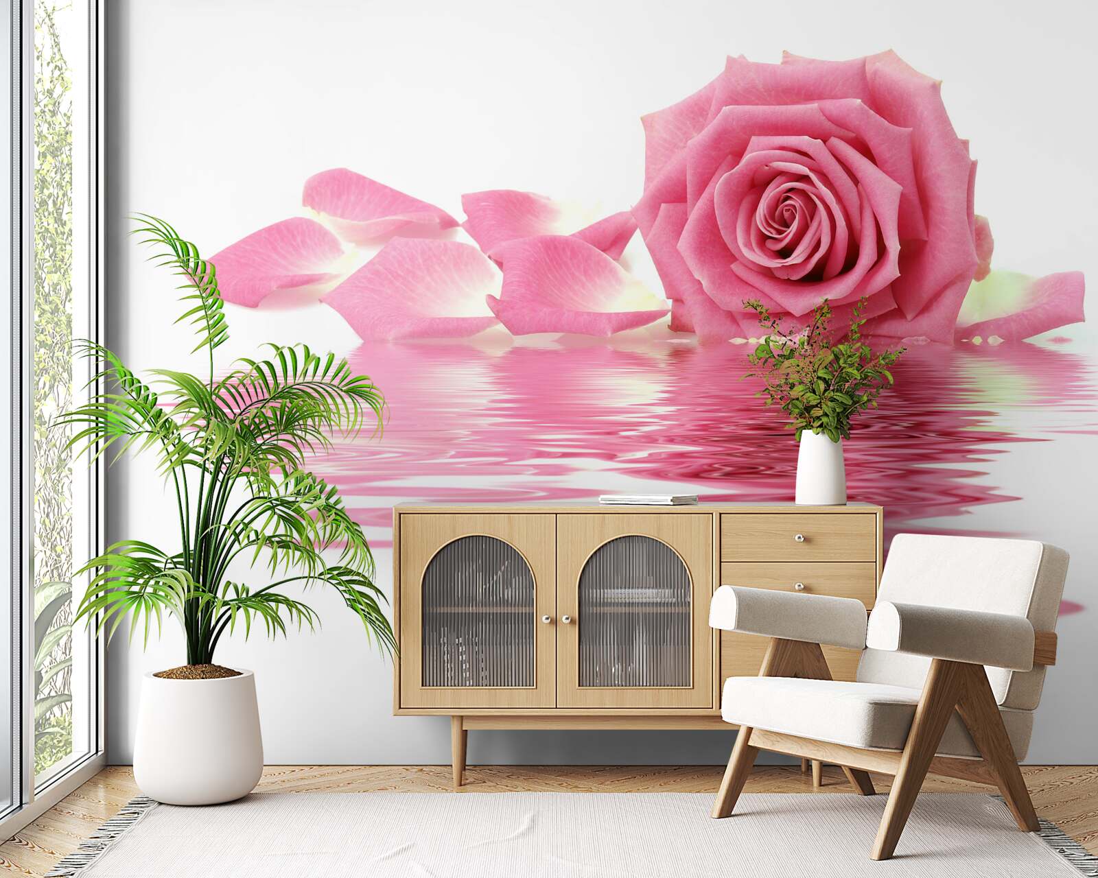 Фотошпалери відображення рожевої троянди у воді