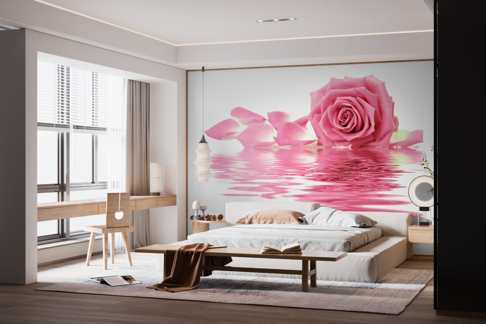 Фотошпалери відображення рожевої троянди у воді