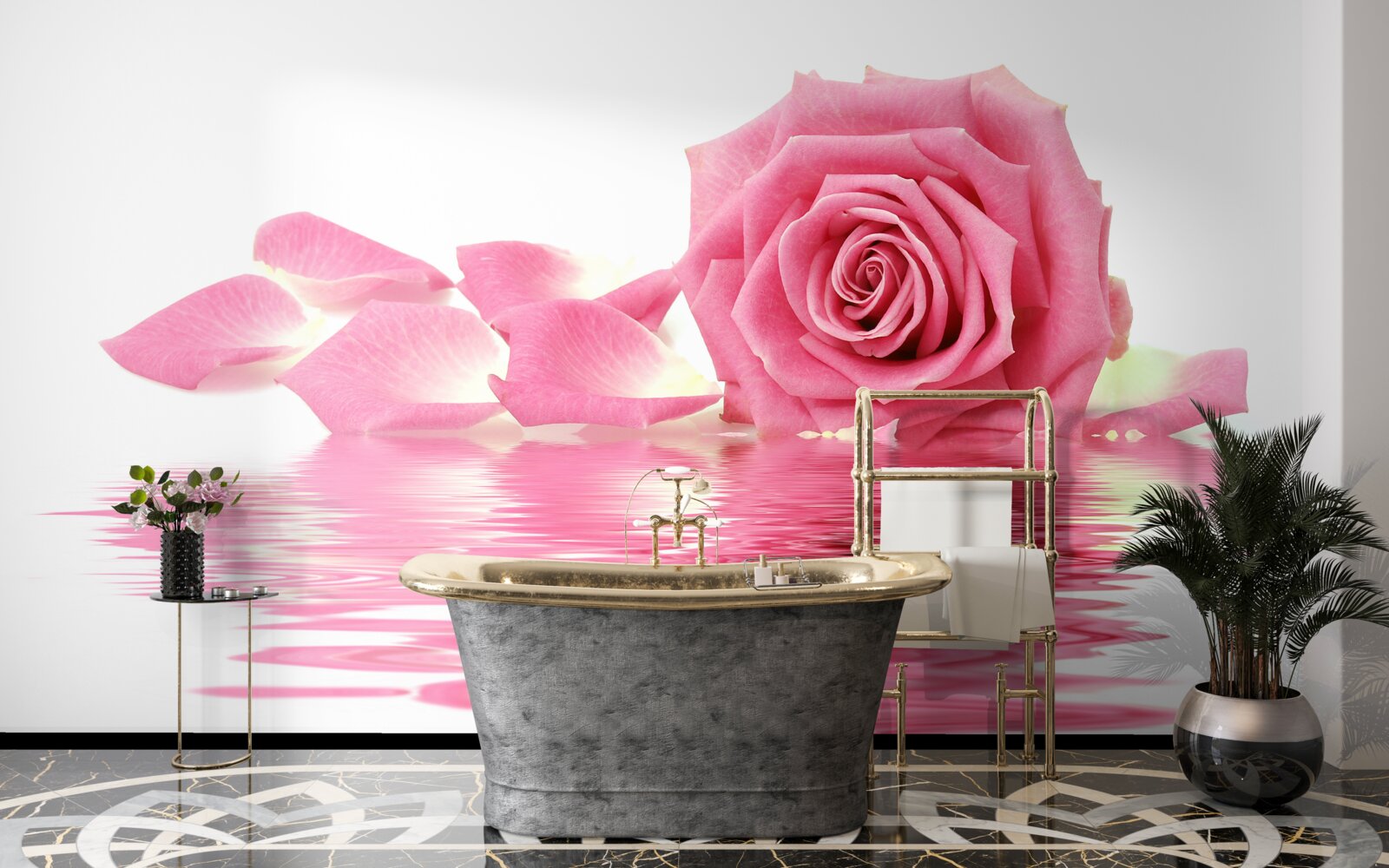 Фотошпалери відображення рожевої троянди у воді