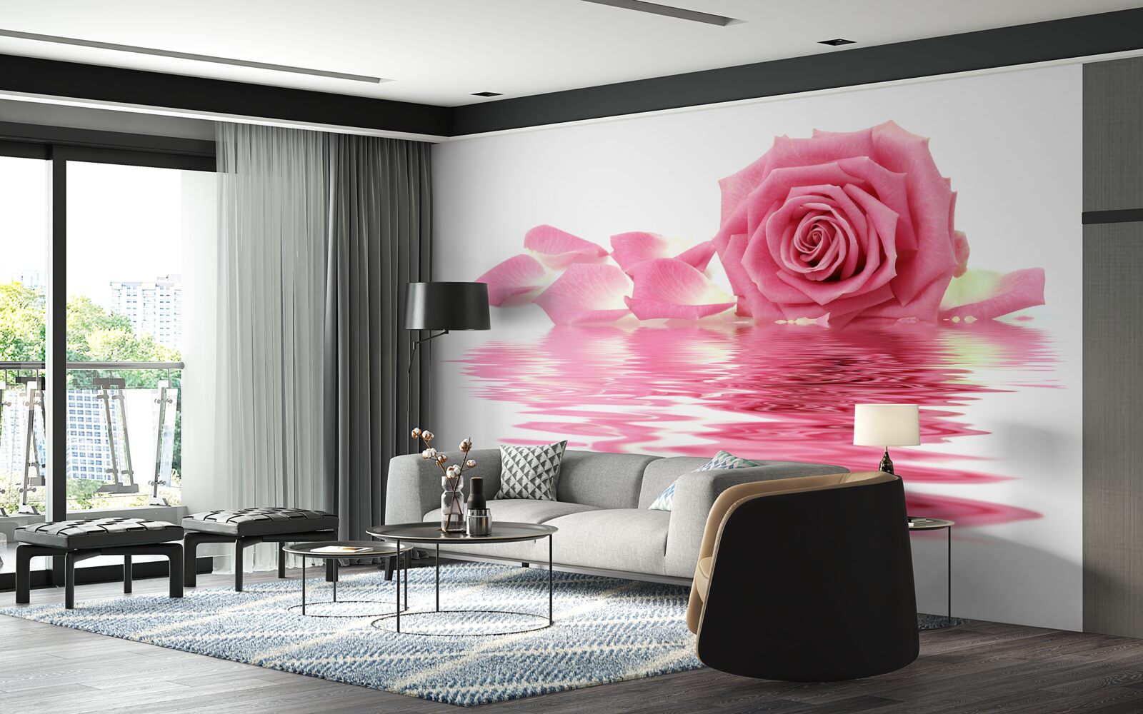 Фотошпалери відображення рожевої троянди у воді