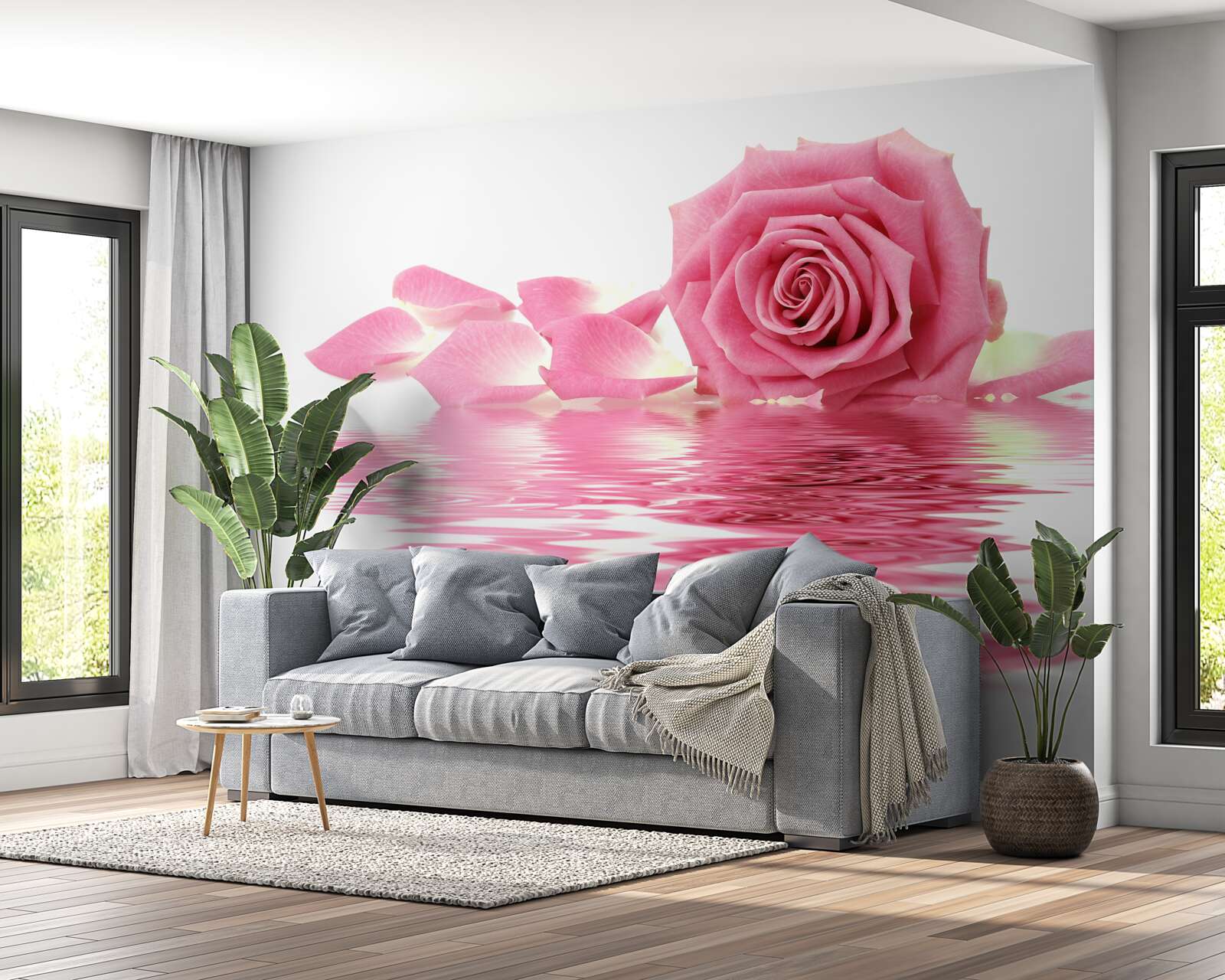 Фотошпалери відображення рожевої троянди у воді