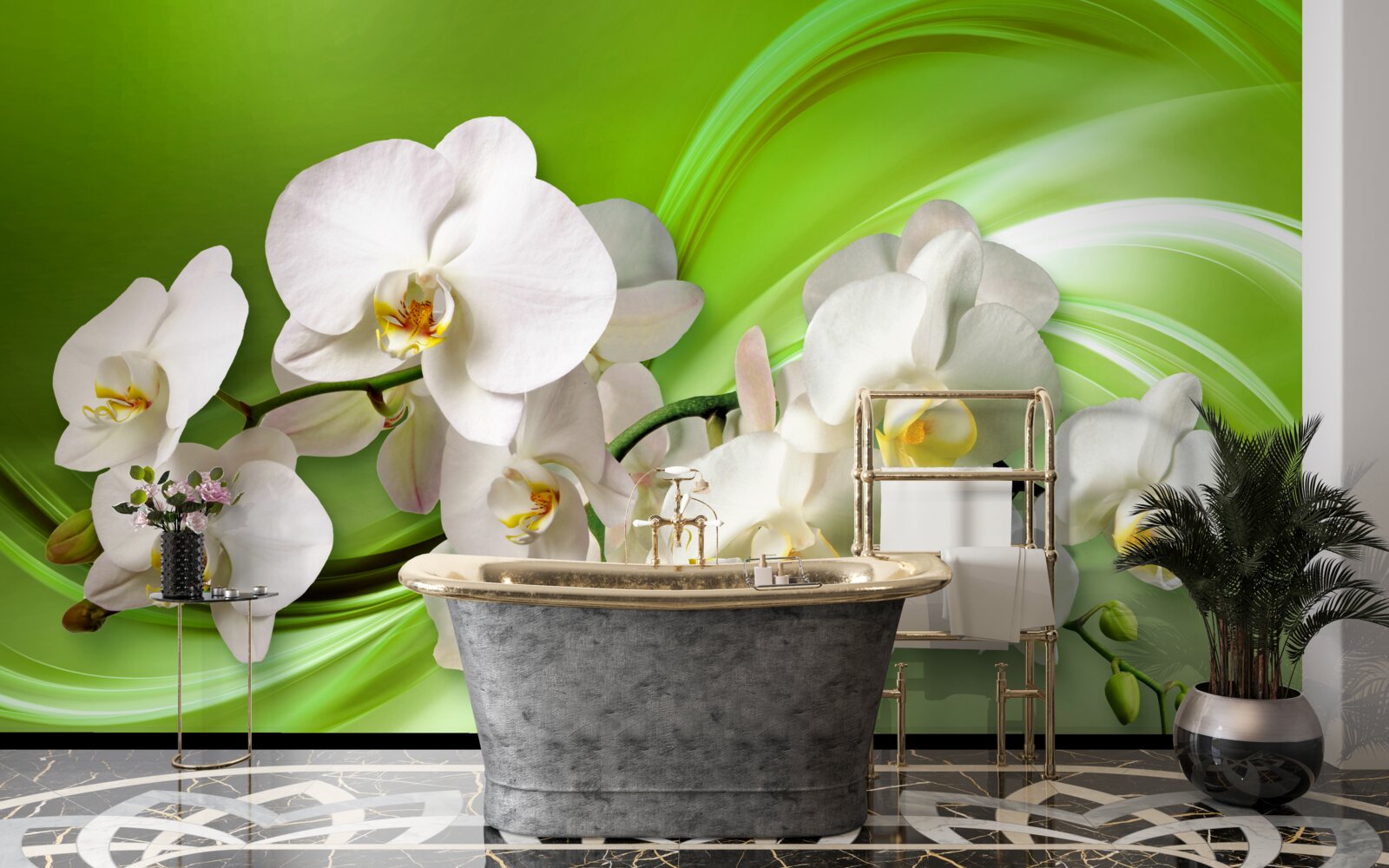 Фотошпалери білі орхідеї на гілці на зеленому тлі