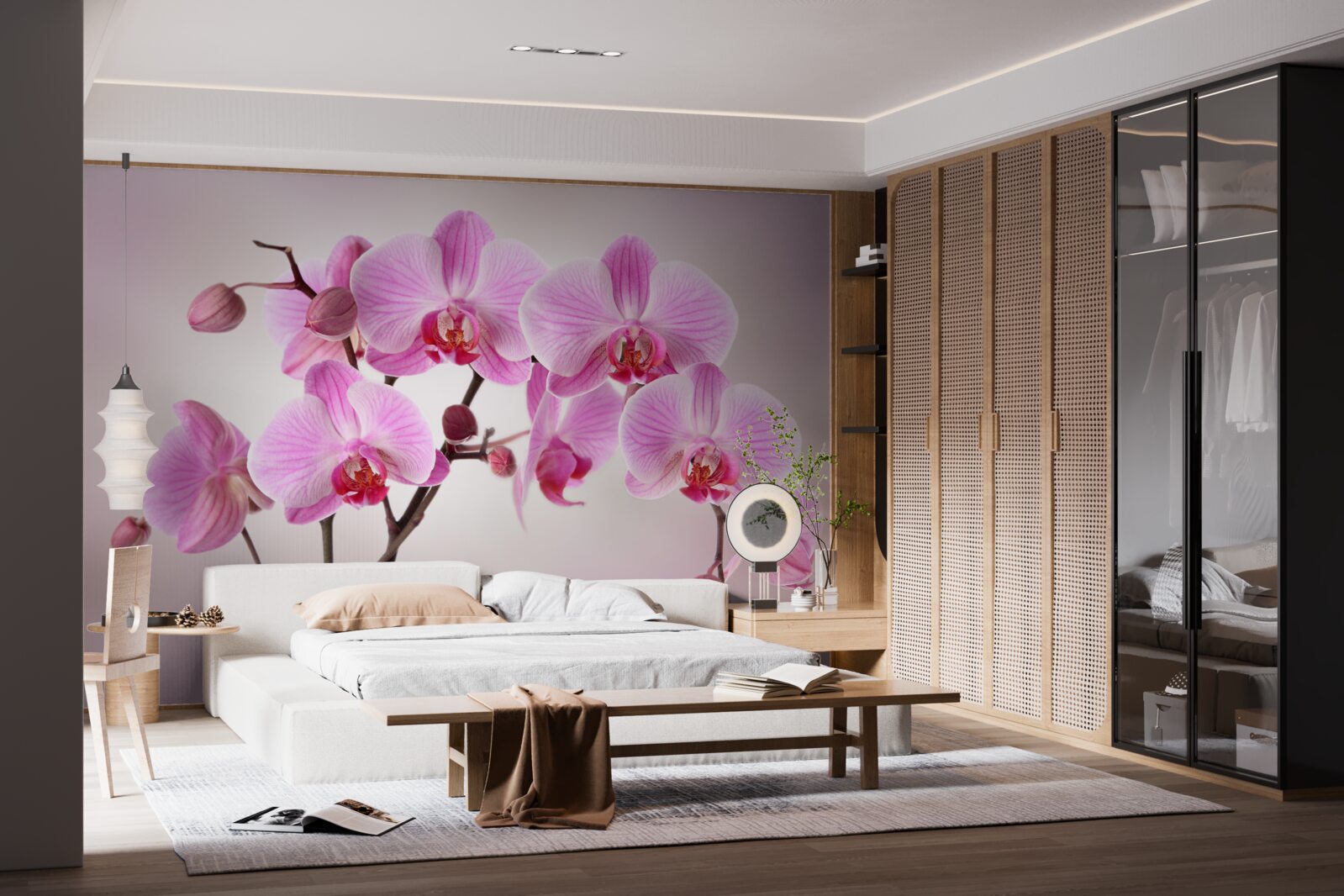 Фотошпалери над водою звисають гілки бузкової орхідеї