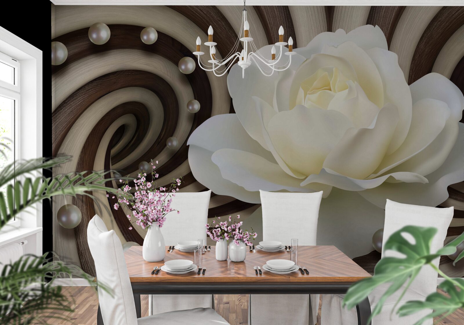 Фотошпалери троянда біла з перловими прикрасами та завитками