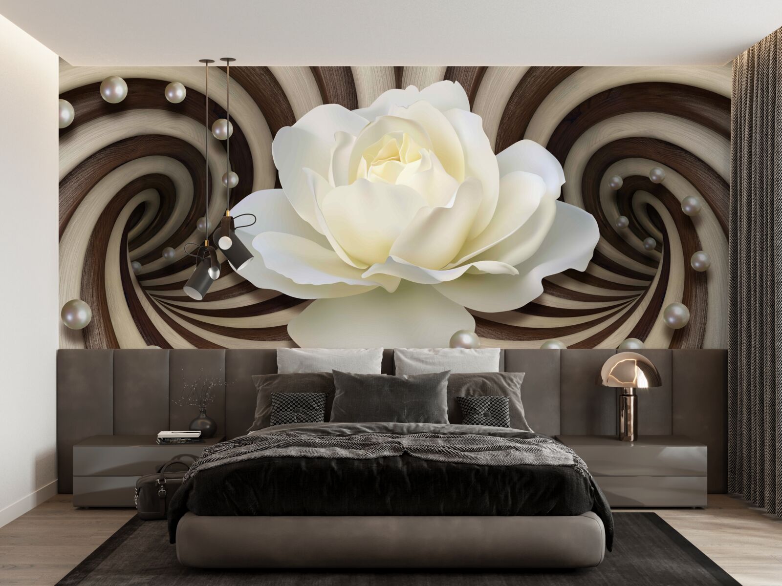 Фотошпалери троянда біла з перловими прикрасами та завитками