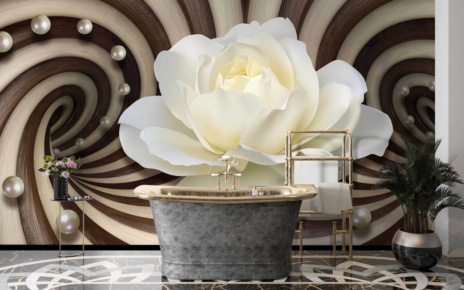 Фотошпалери троянда біла з перловими прикрасами та завитками