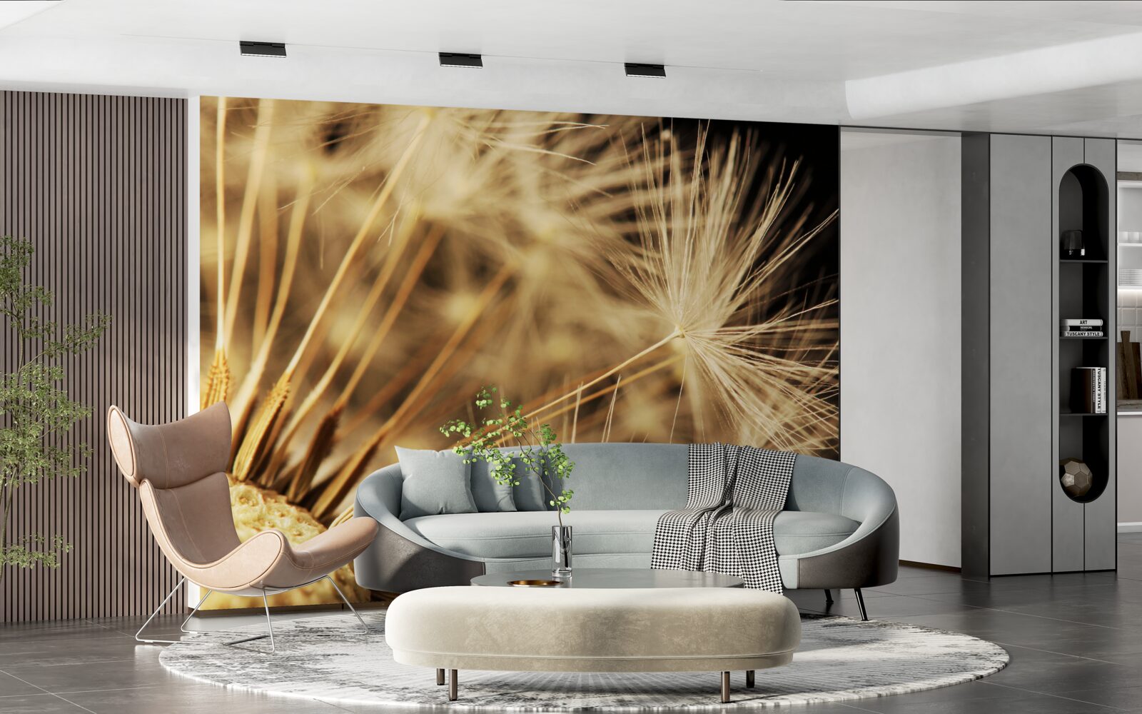 Фотошпалери квіти кульбаби білі на чорному тлі