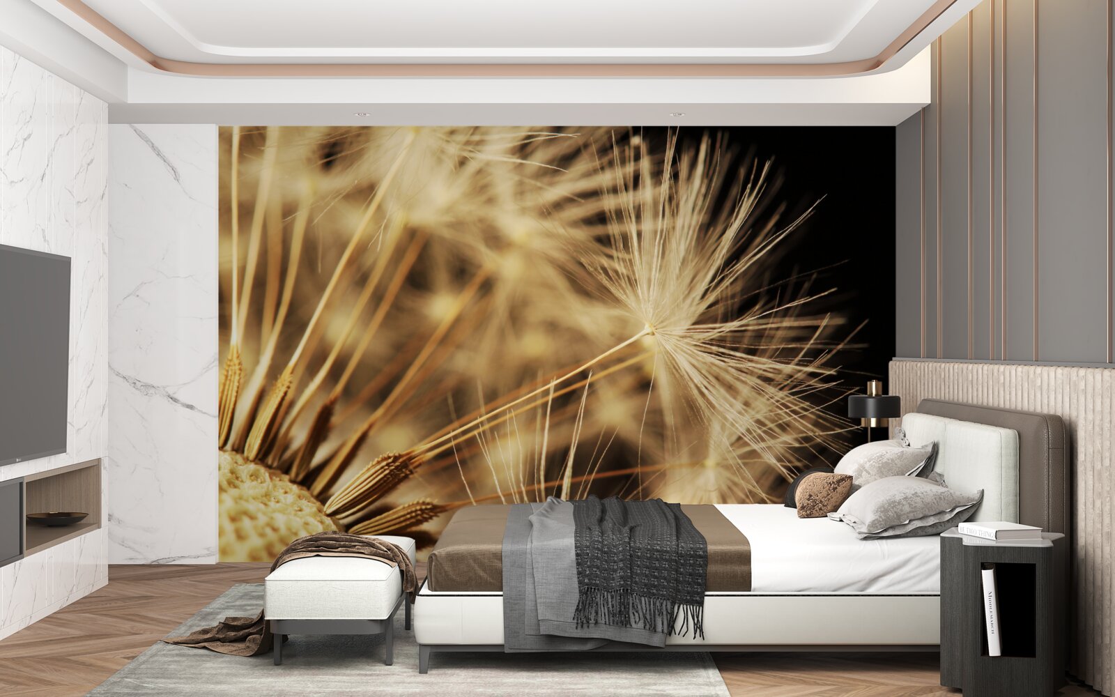 Фотошпалери квіти кульбаби білі на чорному тлі