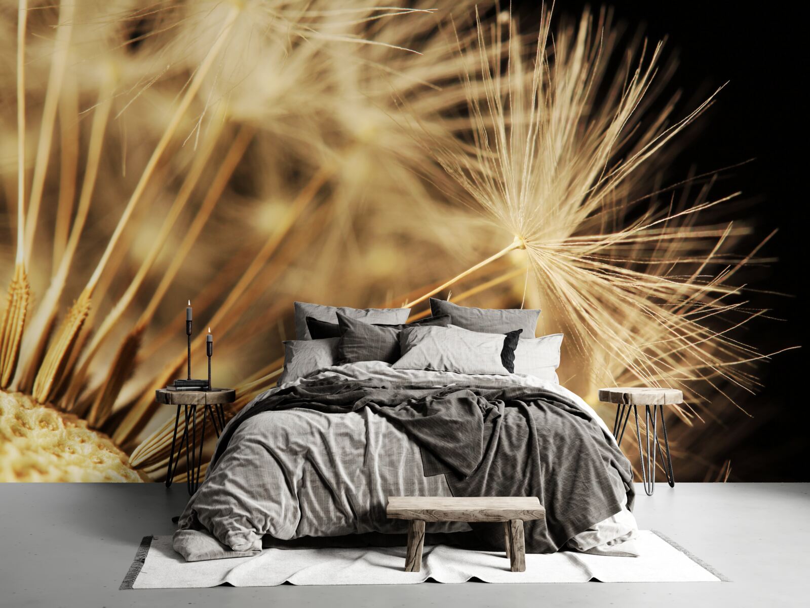 Фотошпалери квіти кульбаби білі на чорному тлі