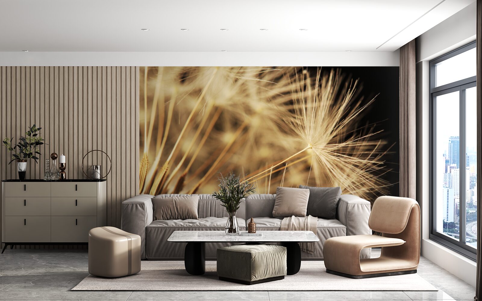 Фотошпалери квіти кульбаби білі на чорному тлі