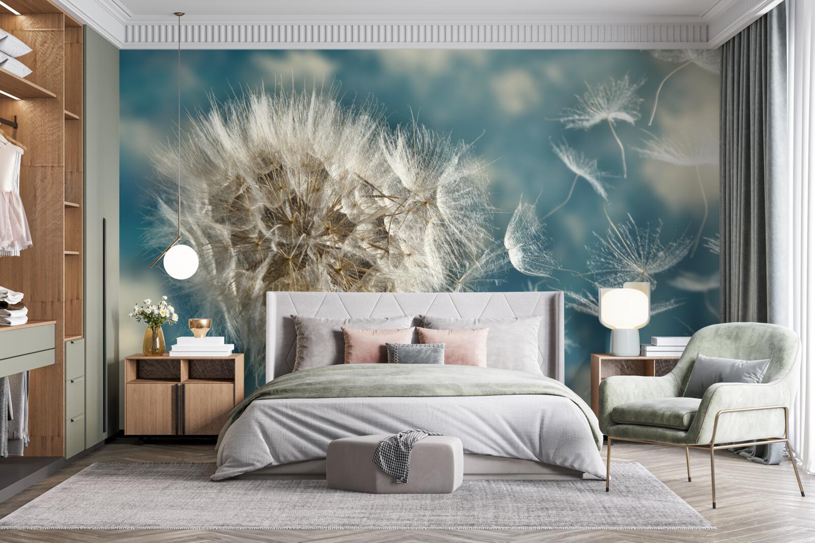 Фотошпалери політ насіння кульбаби, що ширяє в повітрі