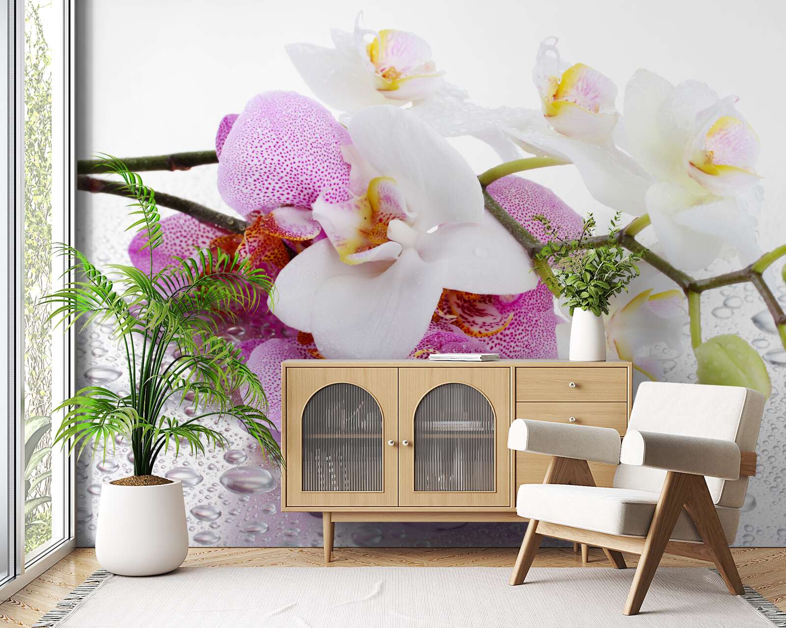 Фотошпалери краплі роси на гілках білих і бузкових орхідей