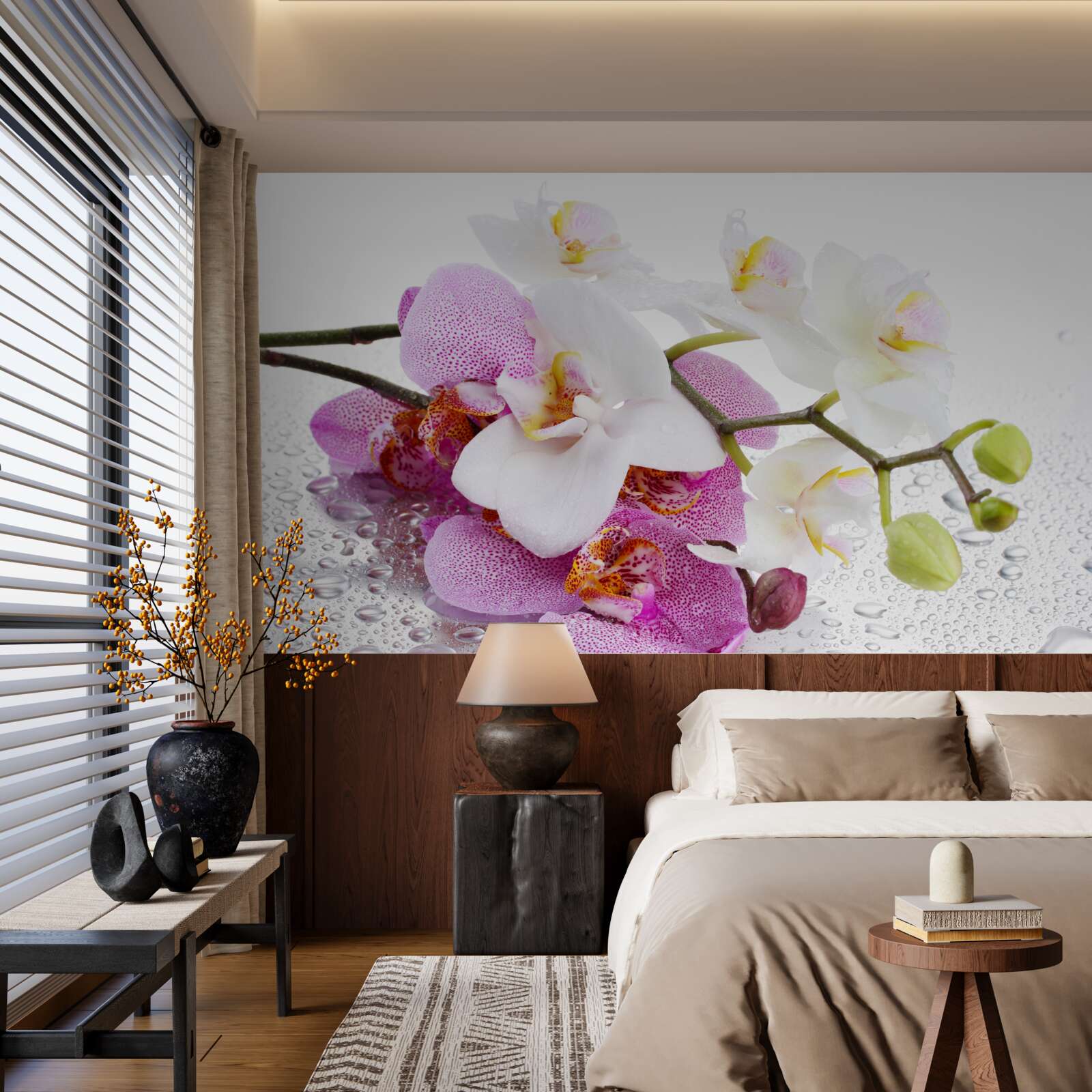 Фотошпалери краплі роси на гілках білих і бузкових орхідей