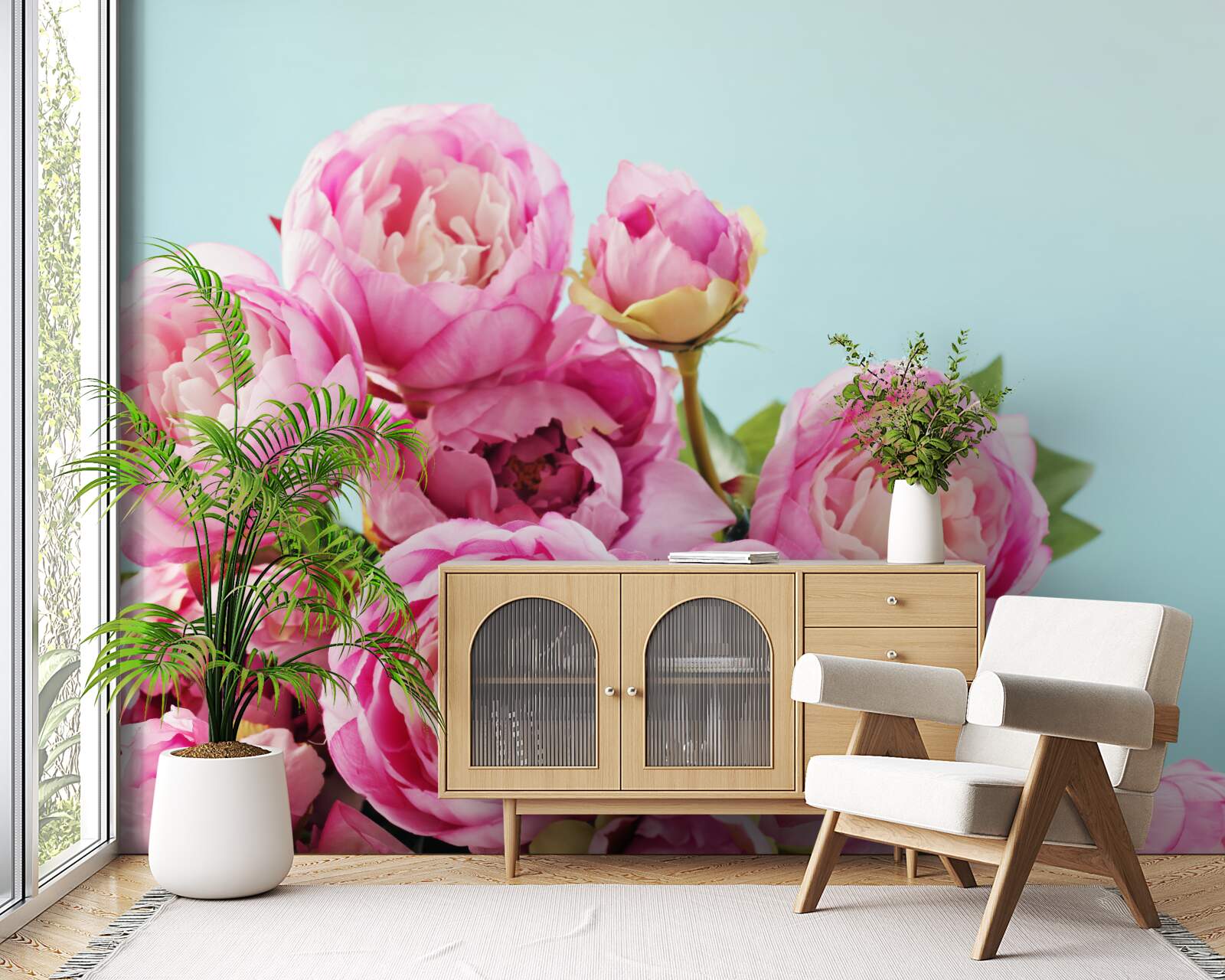 Фотошпалери рожева квітка, схожа на півонію, на блакитному тлі