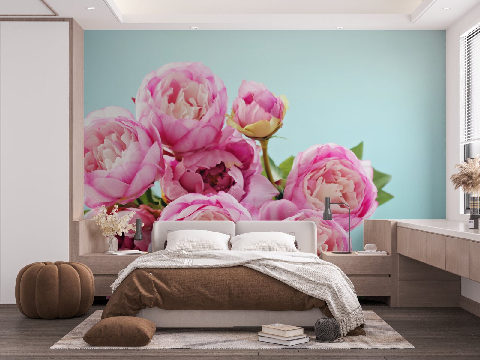 Фотошпалери рожева квітка, схожа на півонію, на блакитному тлі