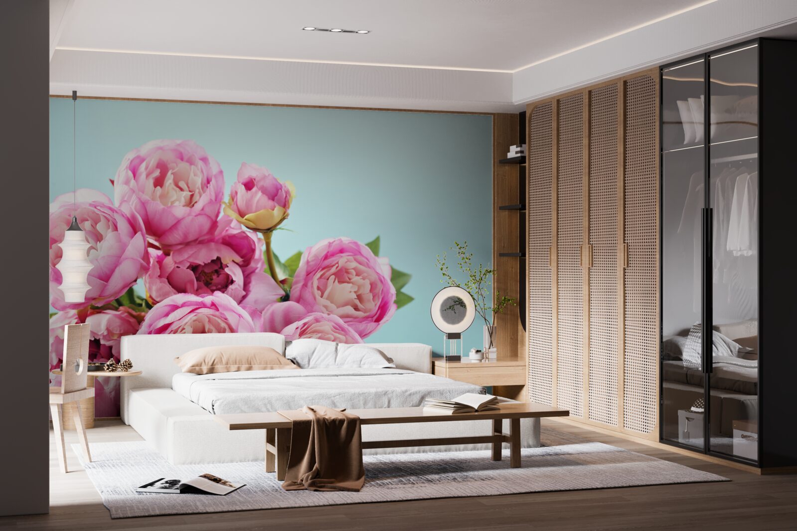 Фотошпалери рожева квітка, схожа на півонію, на блакитному тлі