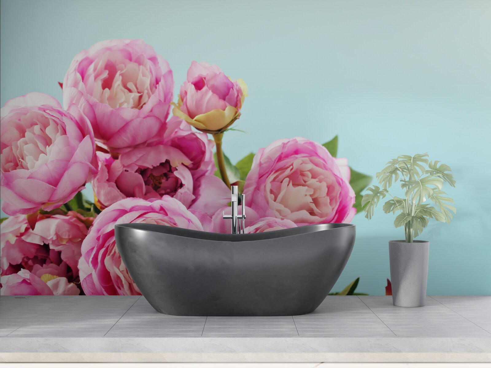 Фотошпалери рожева квітка, схожа на півонію, на блакитному тлі