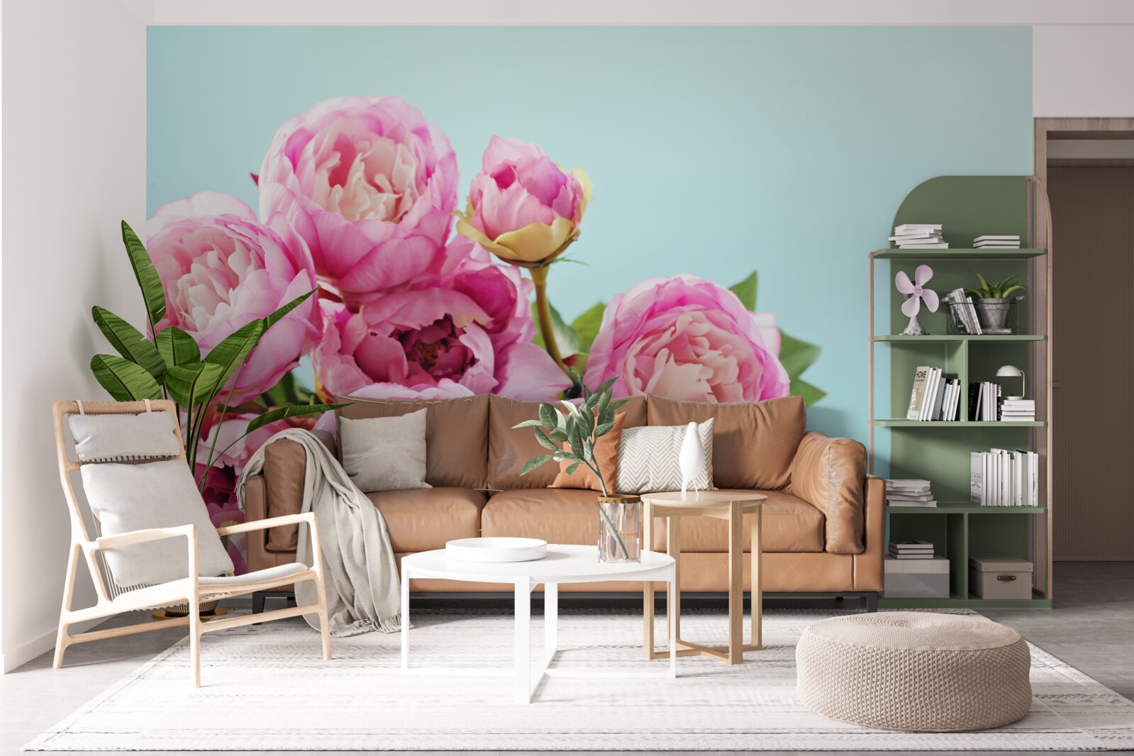 Фотошпалери рожева квітка, схожа на півонію, на блакитному тлі
