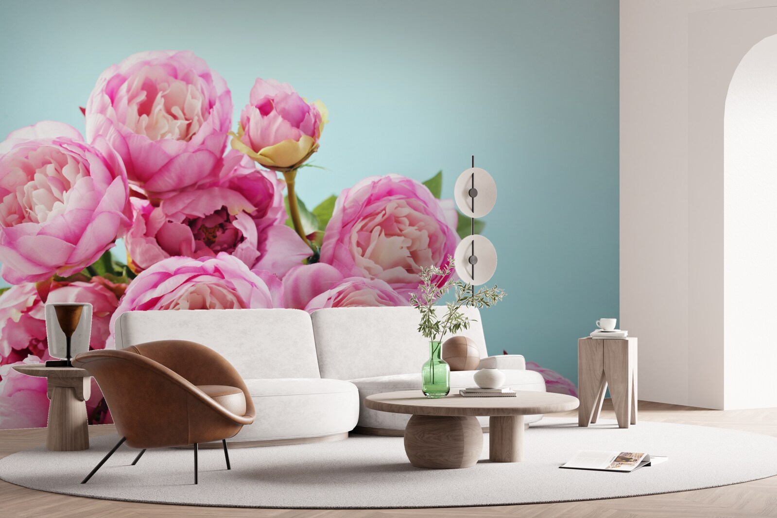 Фотошпалери рожева квітка, схожа на півонію, на блакитному тлі