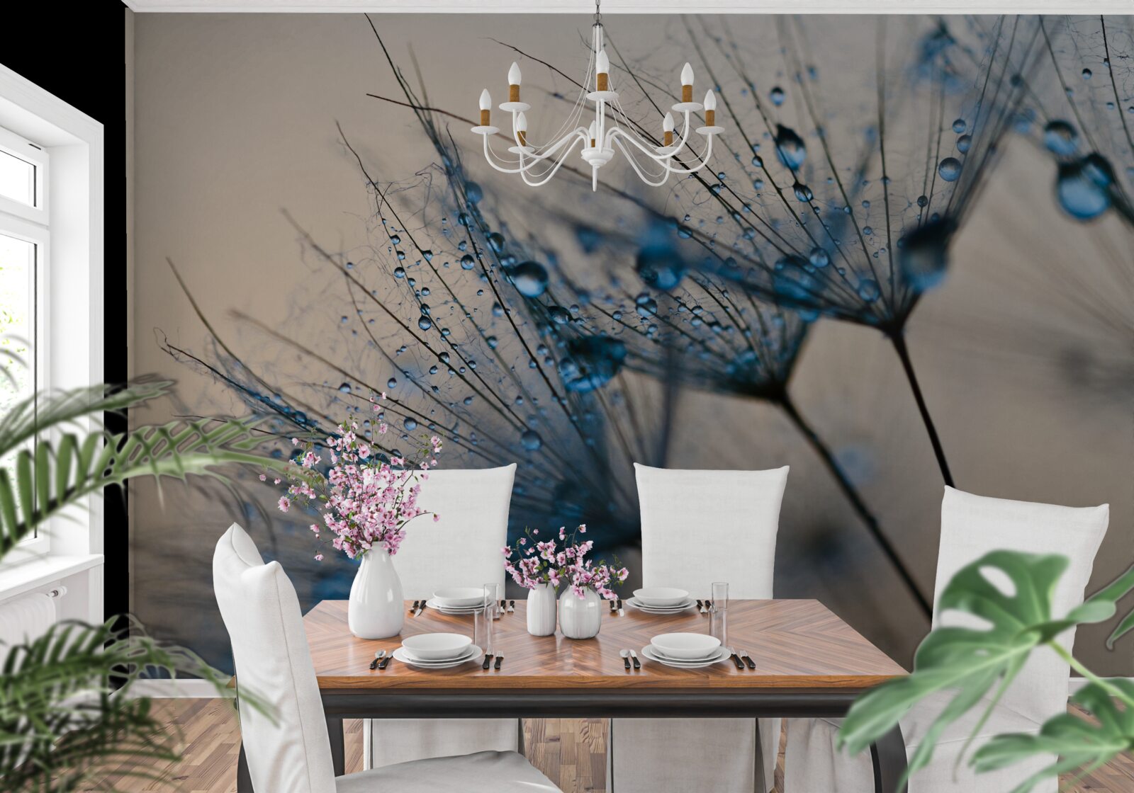 Фотошпалери ранкова роса на повітряних кульбабах