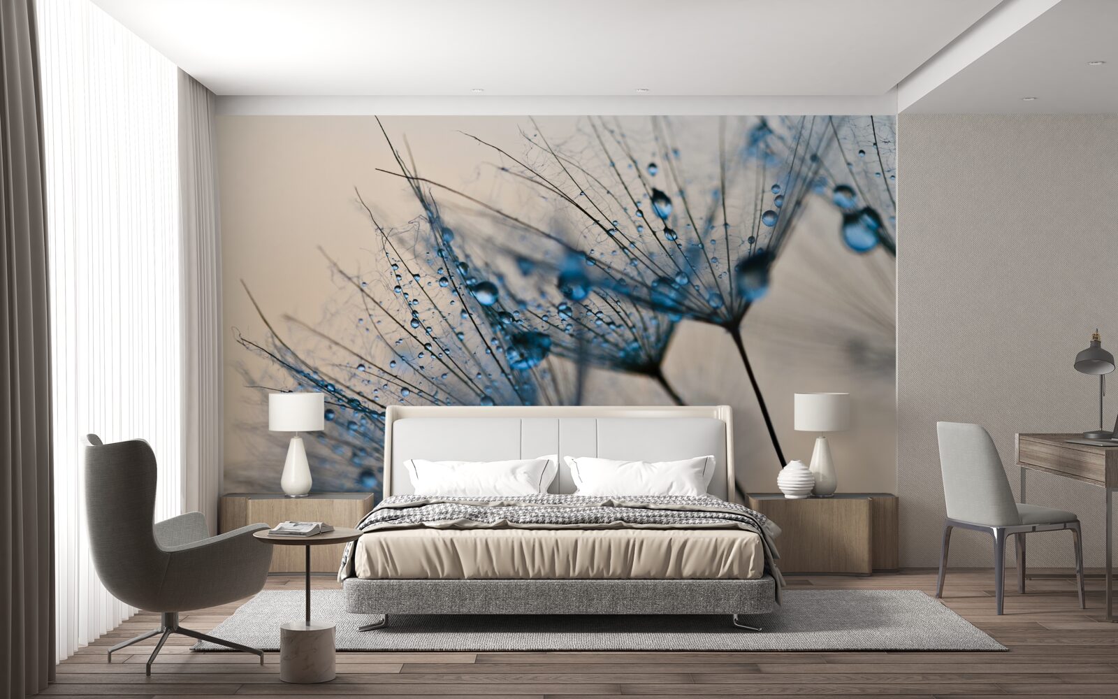 Фотошпалери ранкова роса на повітряних кульбабах