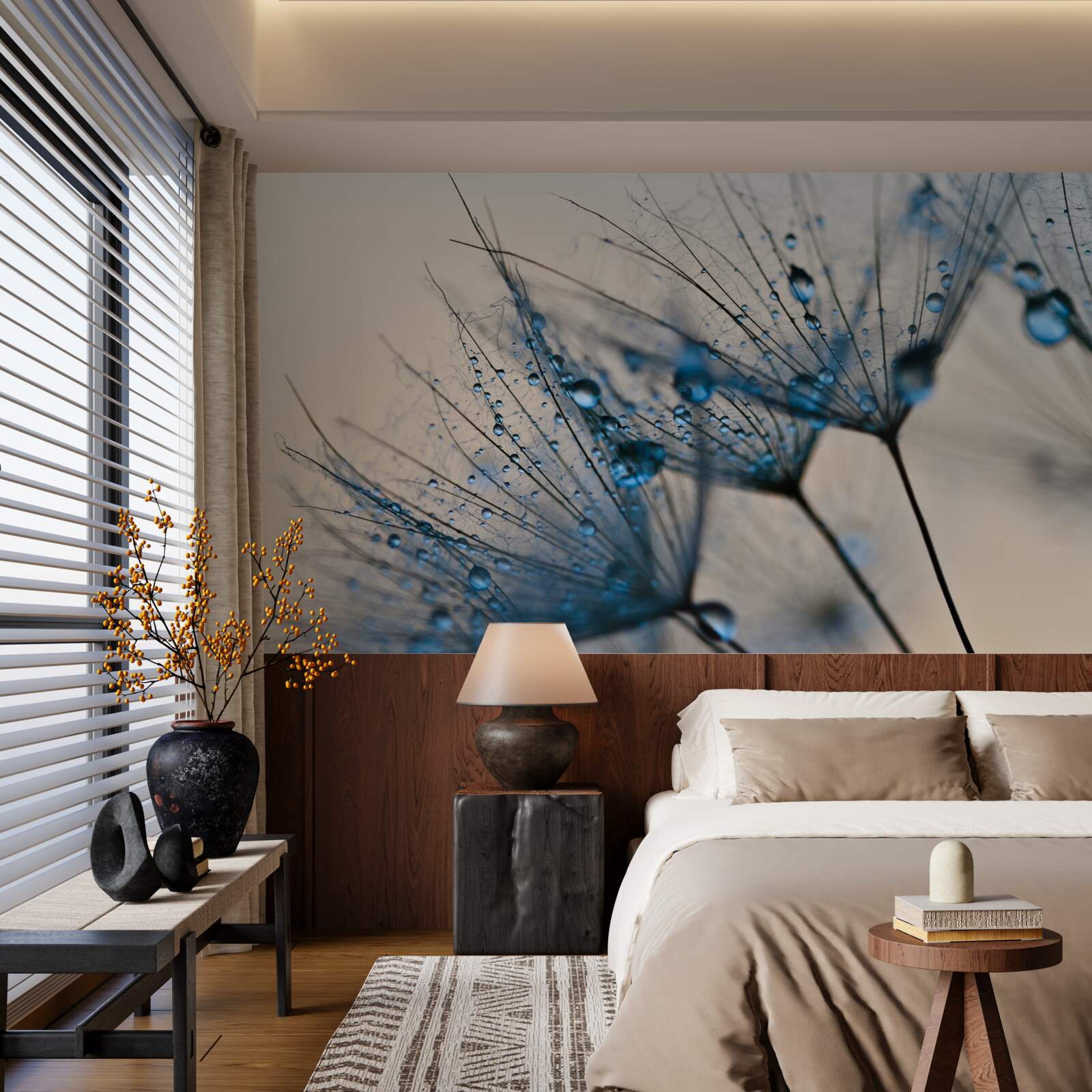 Фотошпалери ранкова роса на повітряних кульбабах