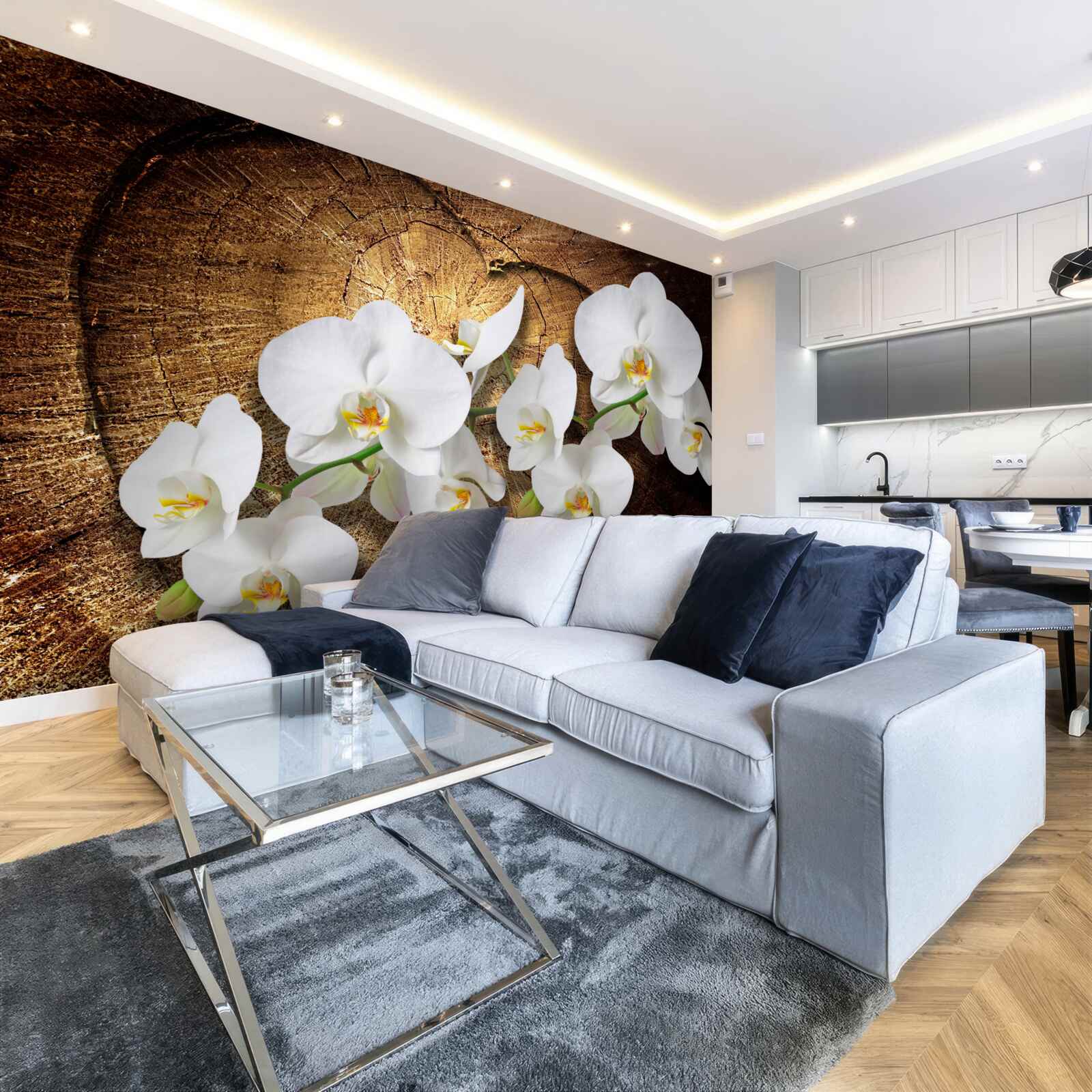 Фотошпалери Білосніжна орхідея на зрізаному стовбурі дерева