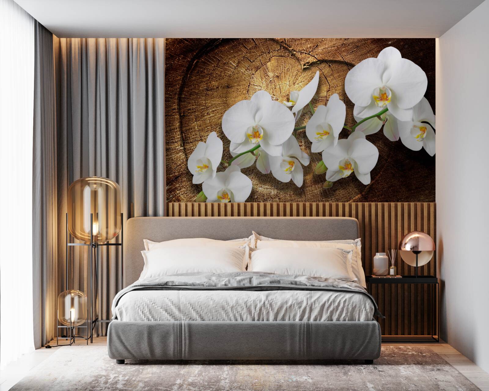 Фотошпалери Білосніжна орхідея на зрізаному стовбурі дерева