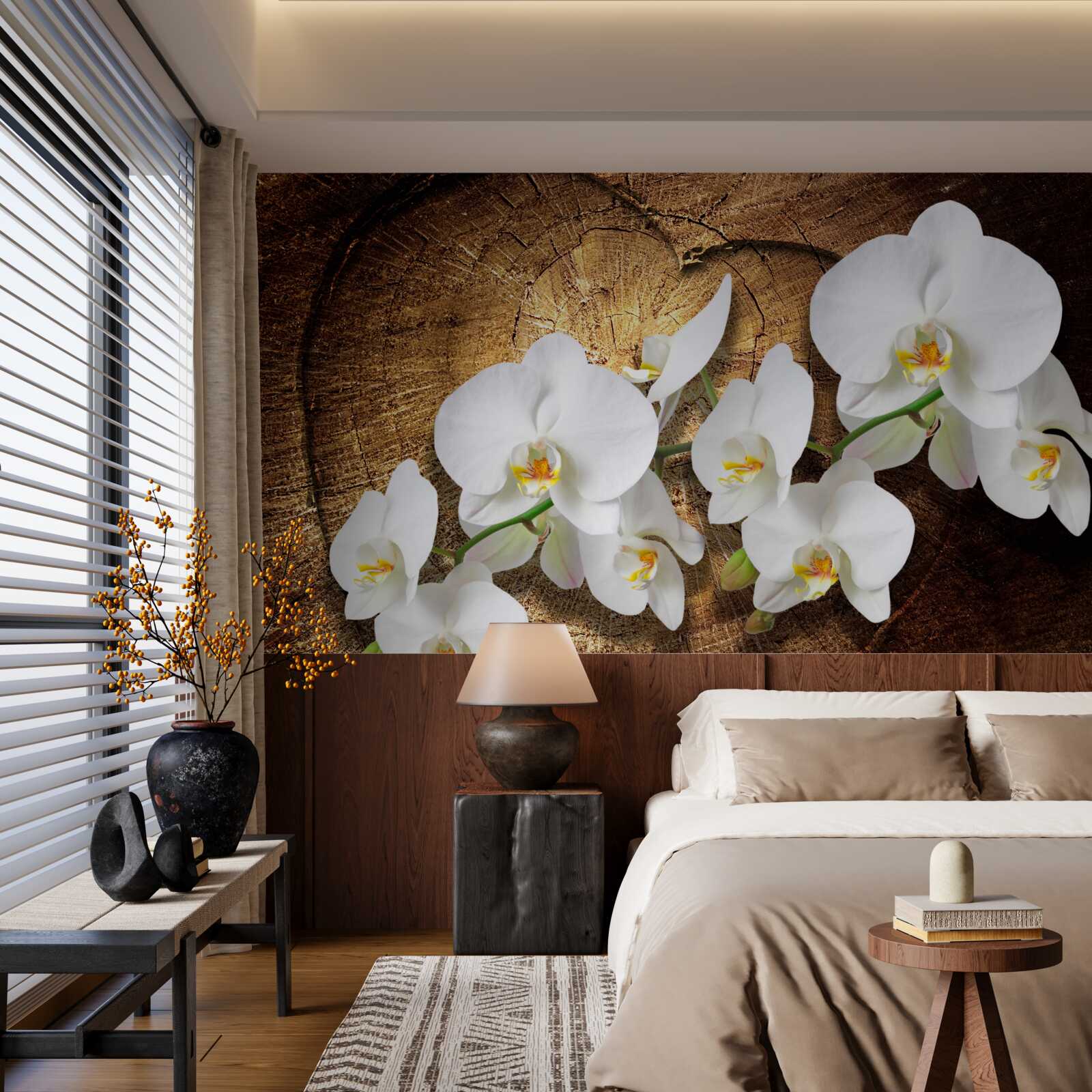Фотошпалери Білосніжна орхідея на зрізаному стовбурі дерева