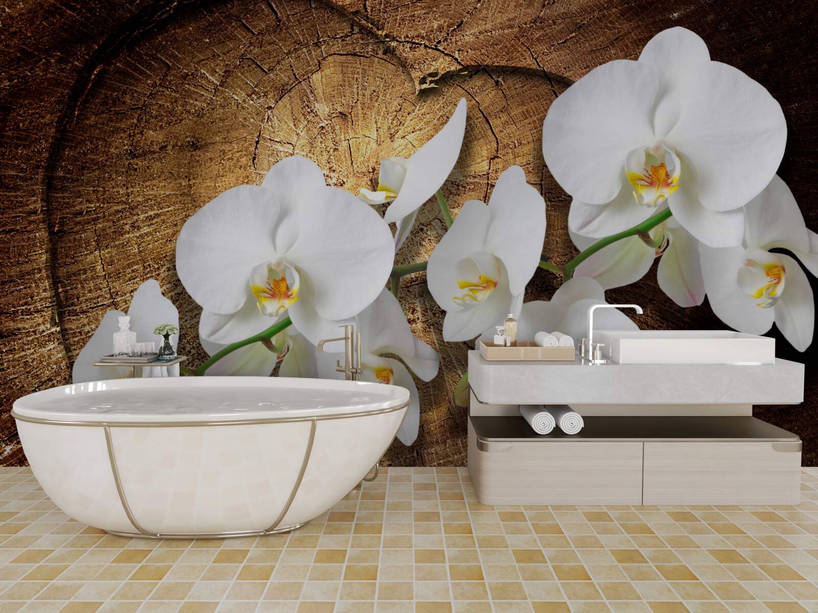 Фотошпалери Білосніжна орхідея на зрізаному стовбурі дерева