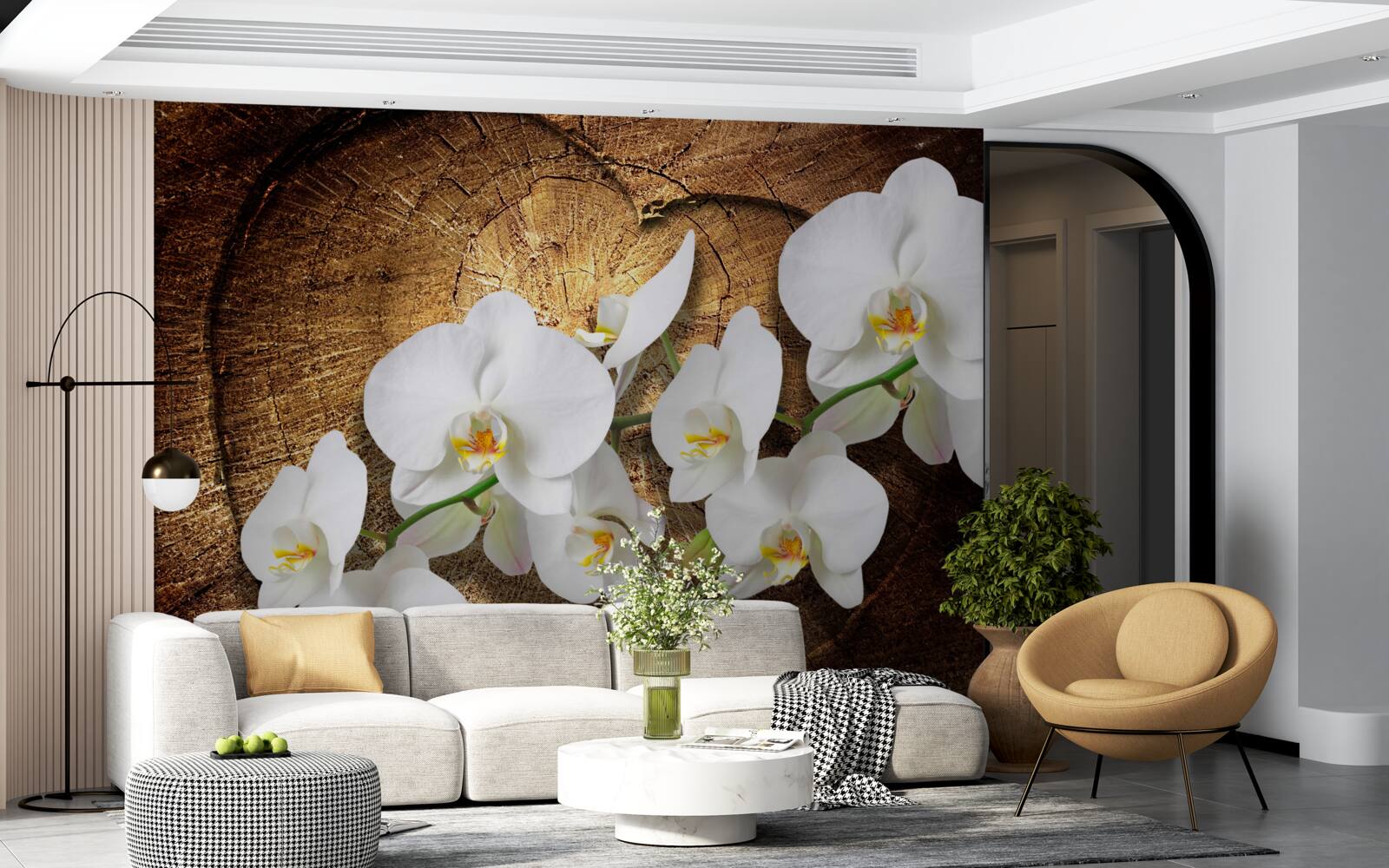 Фотошпалери Білосніжна орхідея на зрізаному стовбурі дерева