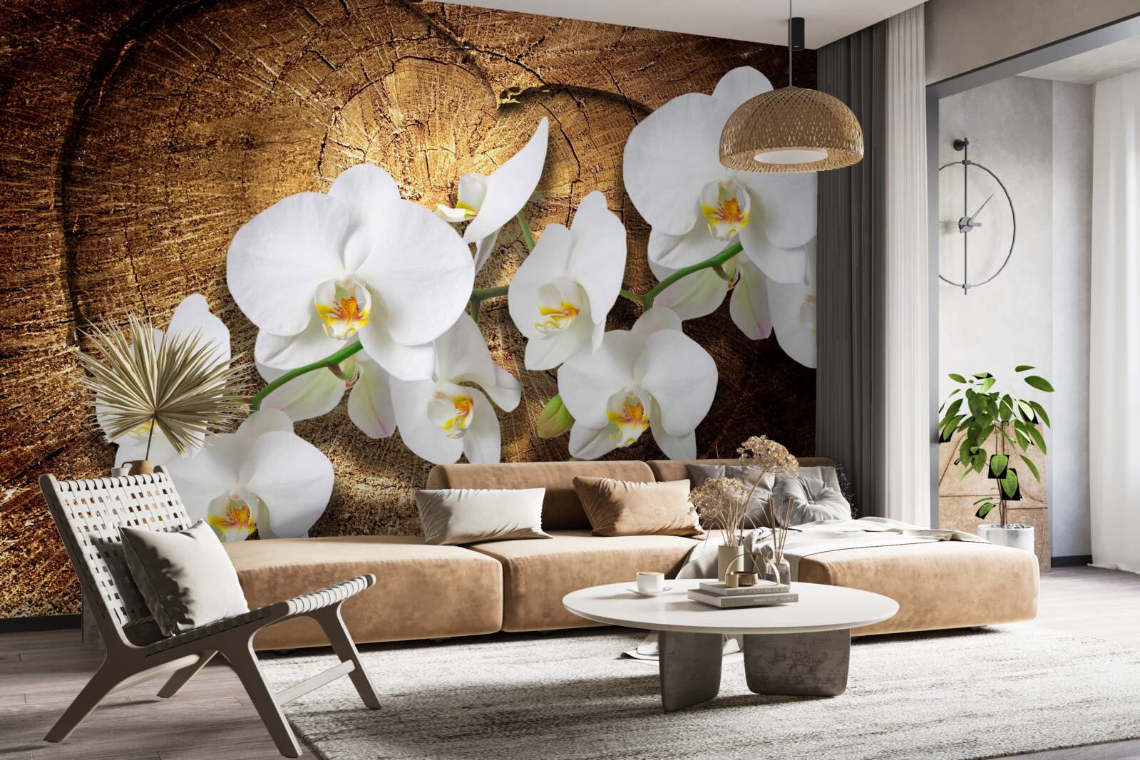 Фотошпалери Білосніжна орхідея на зрізаному стовбурі дерева