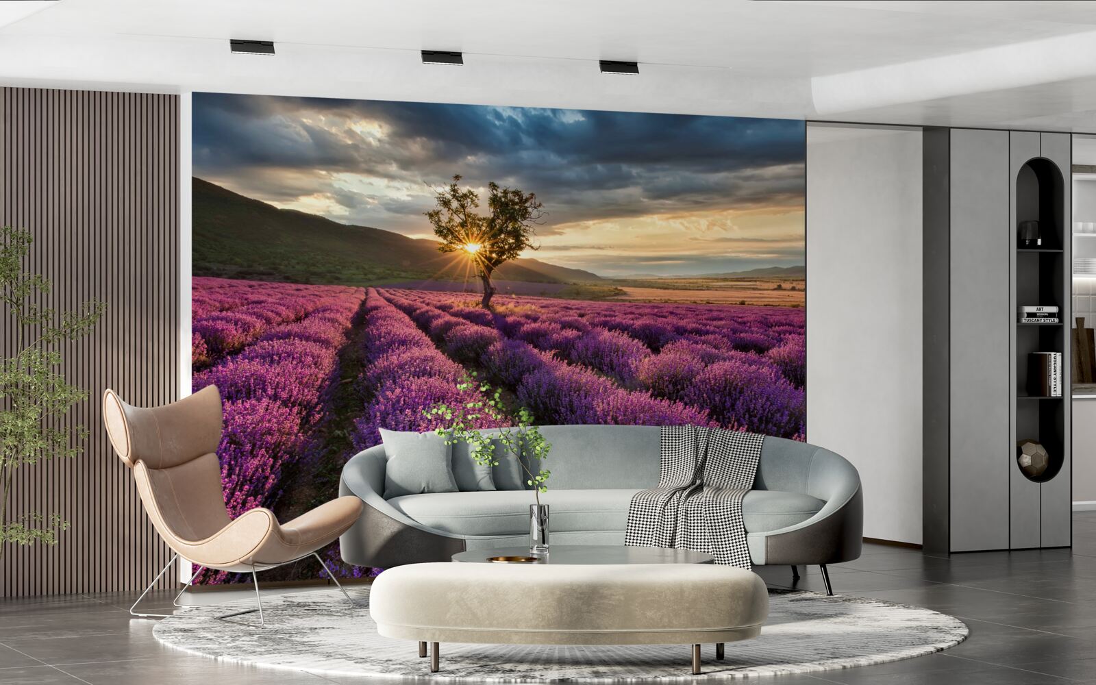 Фотошпалери захід сонця на лавандовому полі оточує ізольоване дерево