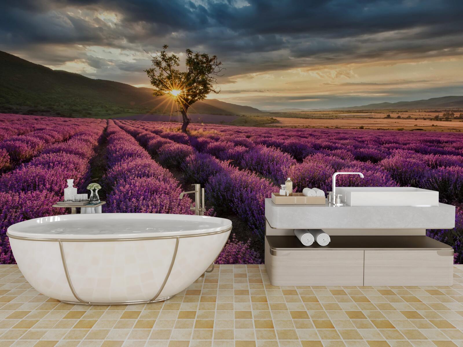 Фотошпалери захід сонця на лавандовому полі оточує ізольоване дерево