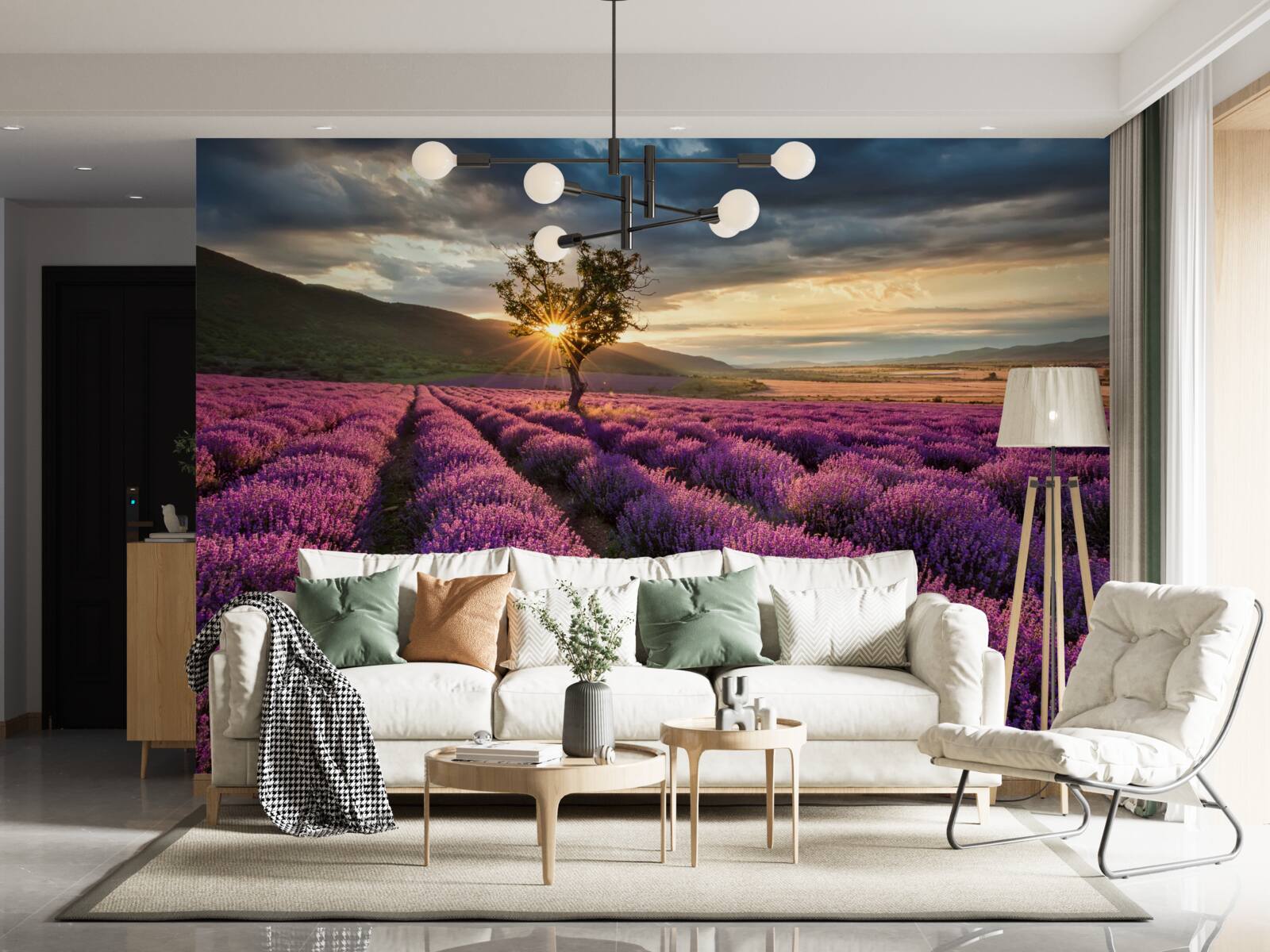 Фотошпалери захід сонця на лавандовому полі оточує ізольоване дерево