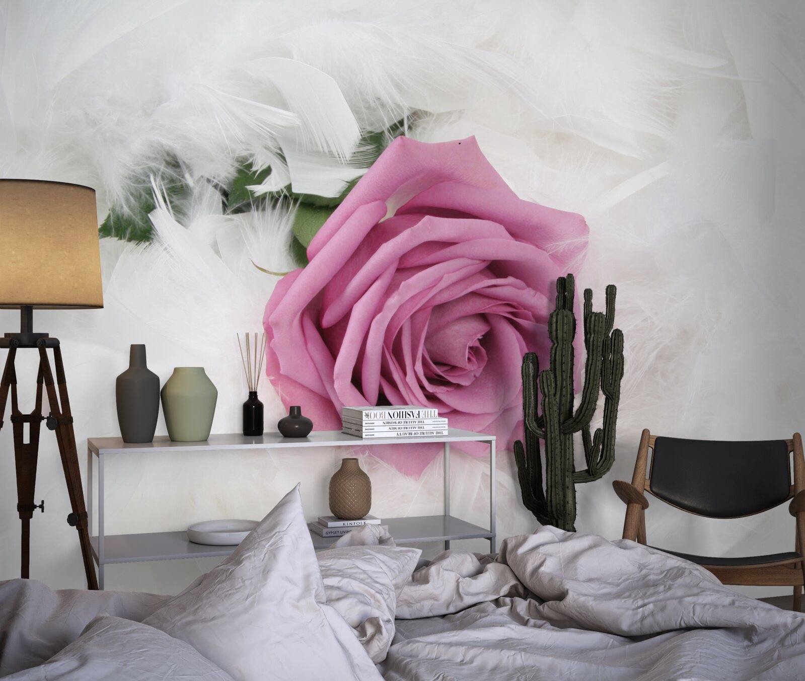 Фотошпалери фіолетова троянда в оточенні білого пір'я